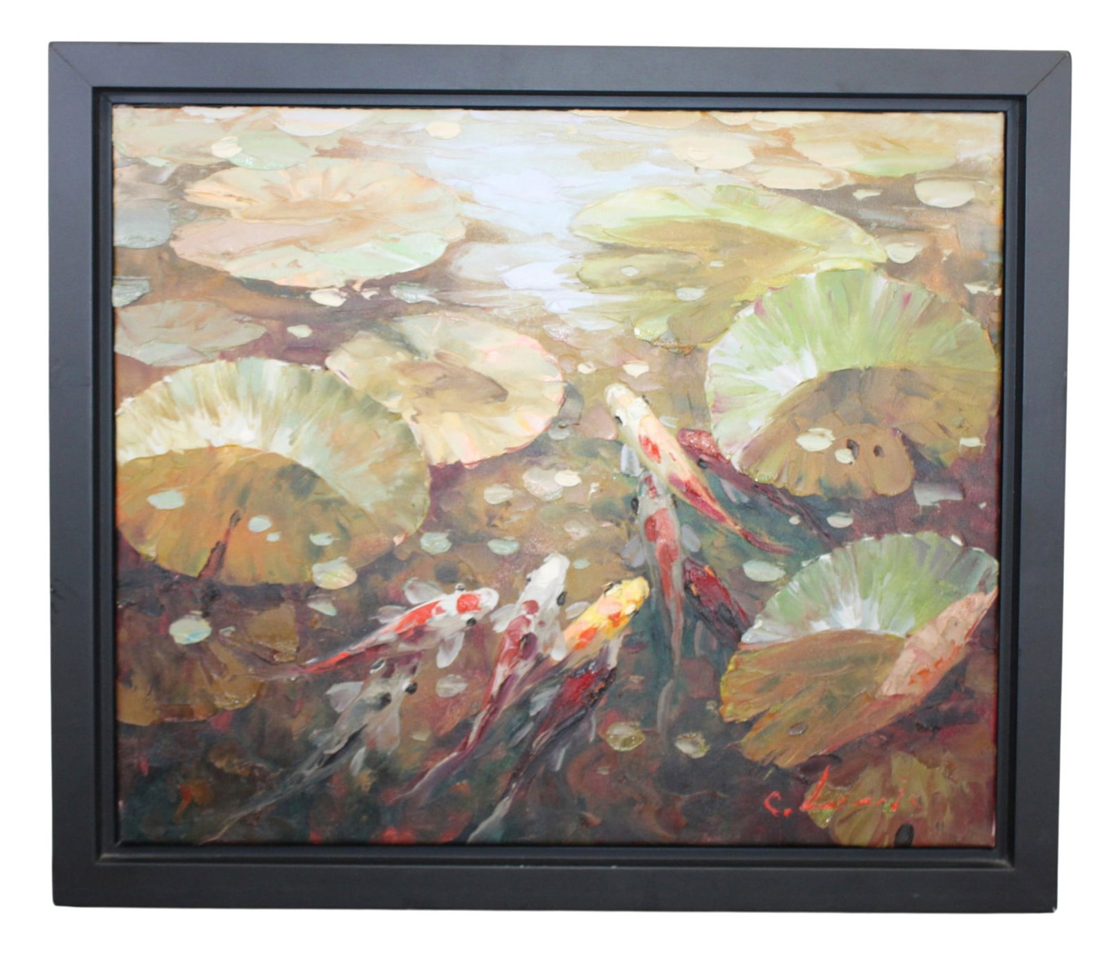 C. Lewis oil on canvas painting Koi pond: C. Lewis oil on canvas painting Koi pond. Signed C. Lewis. Modern. Sight size 20"h x 23 3/4"w. Overall framed size 23 1/2"h x 27 3/4"w