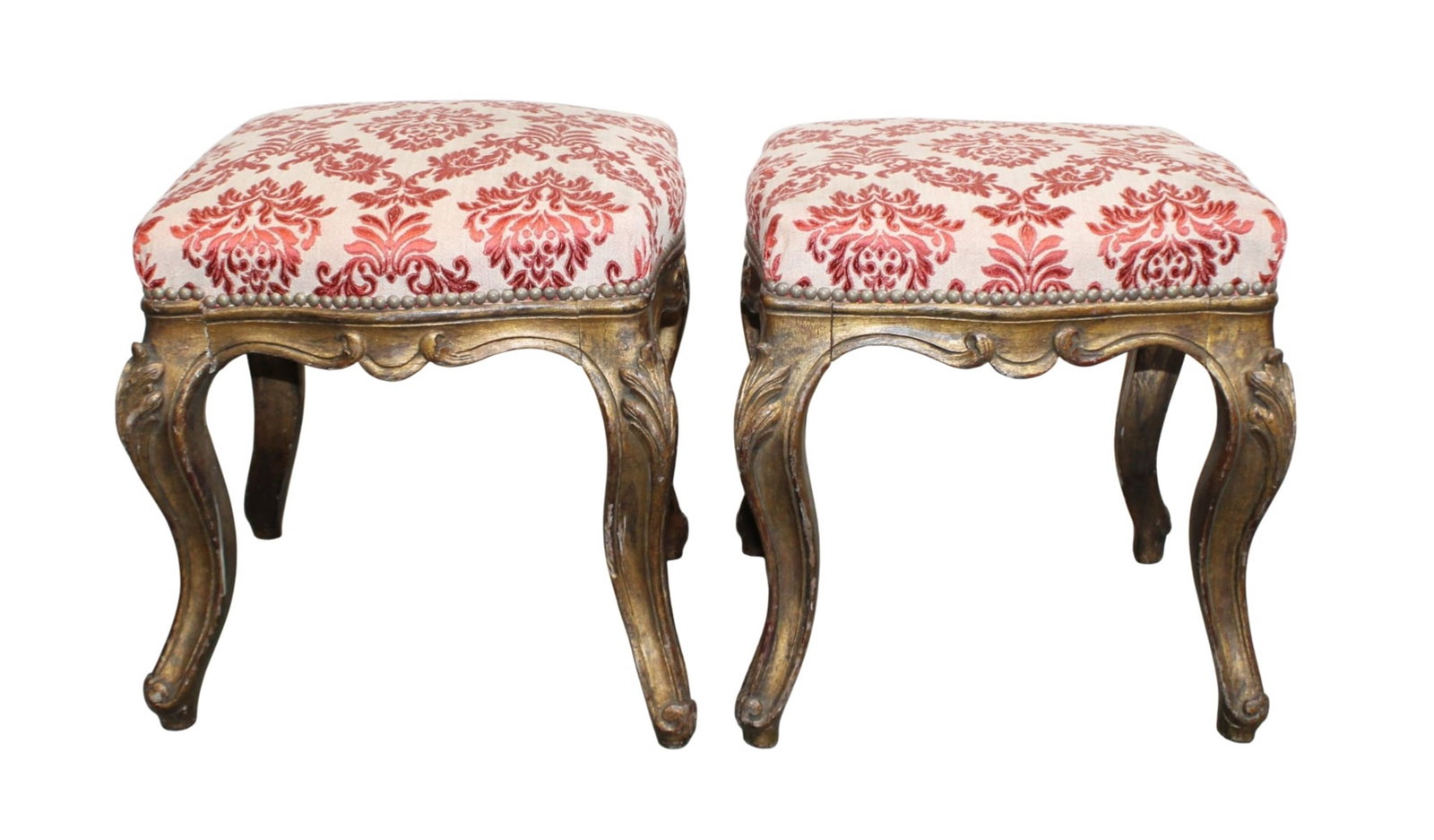 Pair of French Louis XV style carved walnut stools with painted gilt finish: Pair of French Louis XV style carved walnut stools with painted gilt finish. Mid 20th century. 16 1/2"h x 16 1/2"w x 16 1/2"d