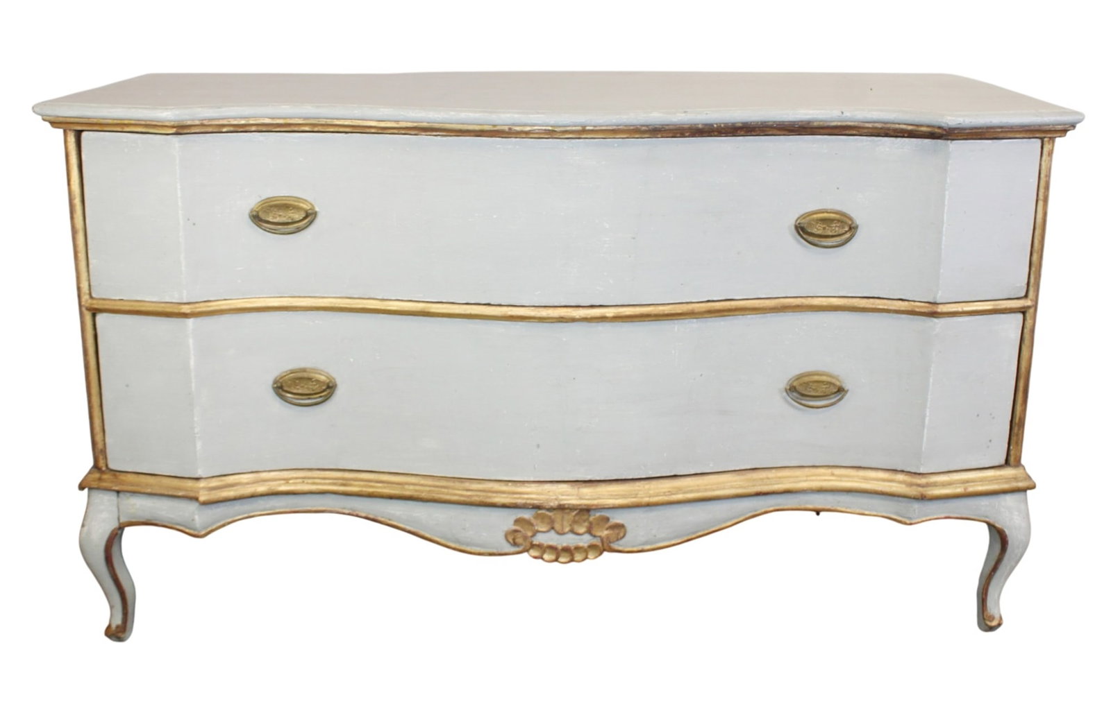 Italian painted 2 drawer serpentine front chest: Italian painted 2 drawer serpentine front chest with gilt trim. 19th century. 32"h x 55 1/2"w x 22 1/2"d