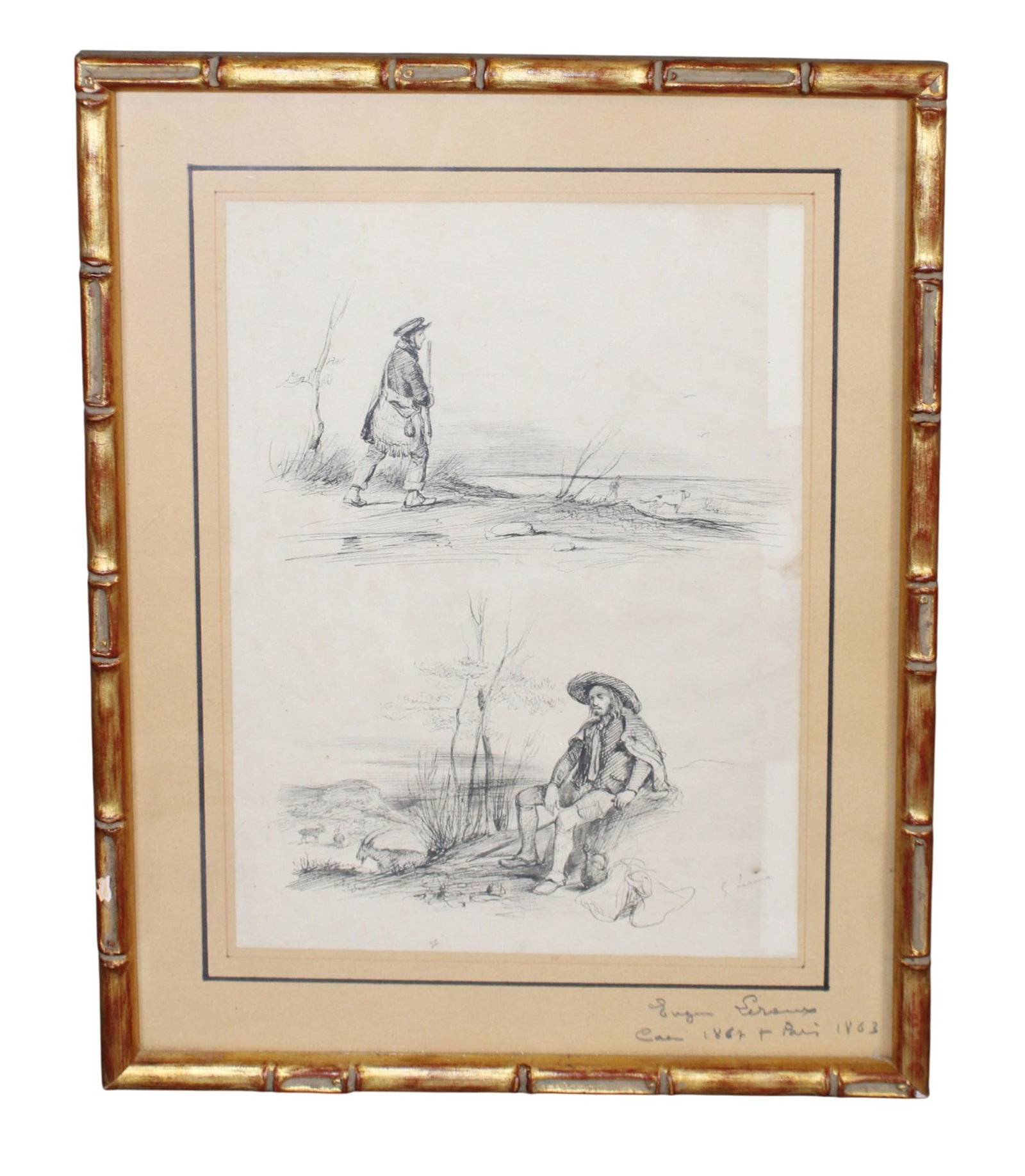 French graphite sketch of figures in gilt faux bamboo frame: French graphite sketch of figures. Signed l/l in gilt faux bamboo frame. Overall: 14 1/2"h x 11 1/4"w Sight: 10 1/2"h x 7 5/8"w Weight: 2lbs