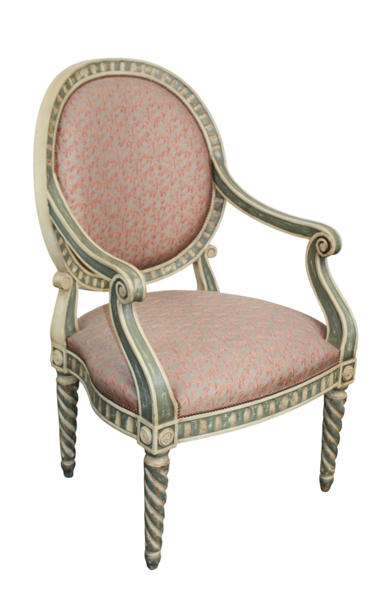 Italian painted armchair on twisted legs: Italian style painted armchair on twisted legs. Late 20th century. 44 3/4"h x 28"w x 22"d, seat height 19"