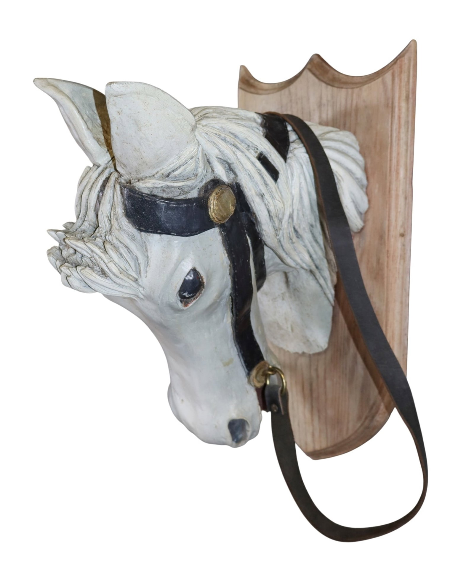 Carved wooden horse head mounted on shield form plaque (1 of 13)