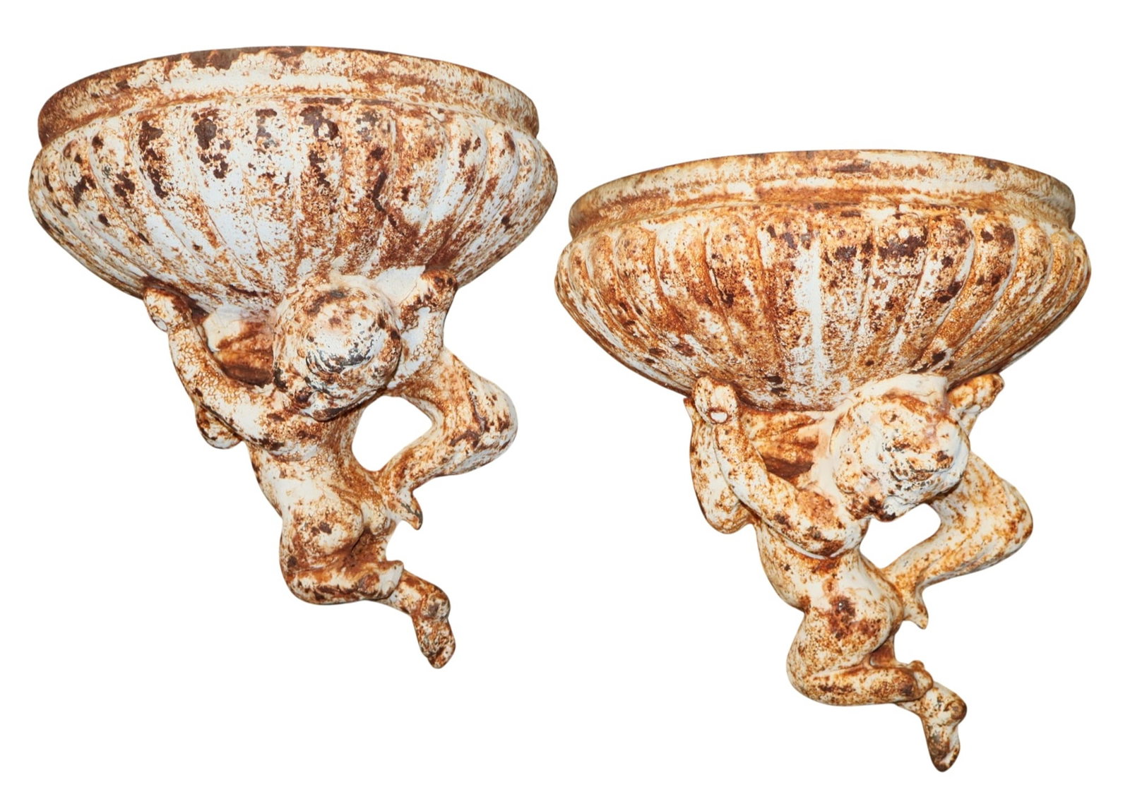 Pair of cast iron cherub supported wall mount jardinieres: Pair of cast iron cherub supported wall mount jardinieres. 20th century. 15"h x 15"w x 7"d. Weight: 30lbs each