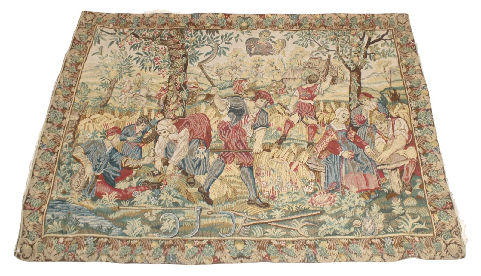 French Aubusson-style Jacquard wall tapestry depicting traditional harvest scene (1 of 9)