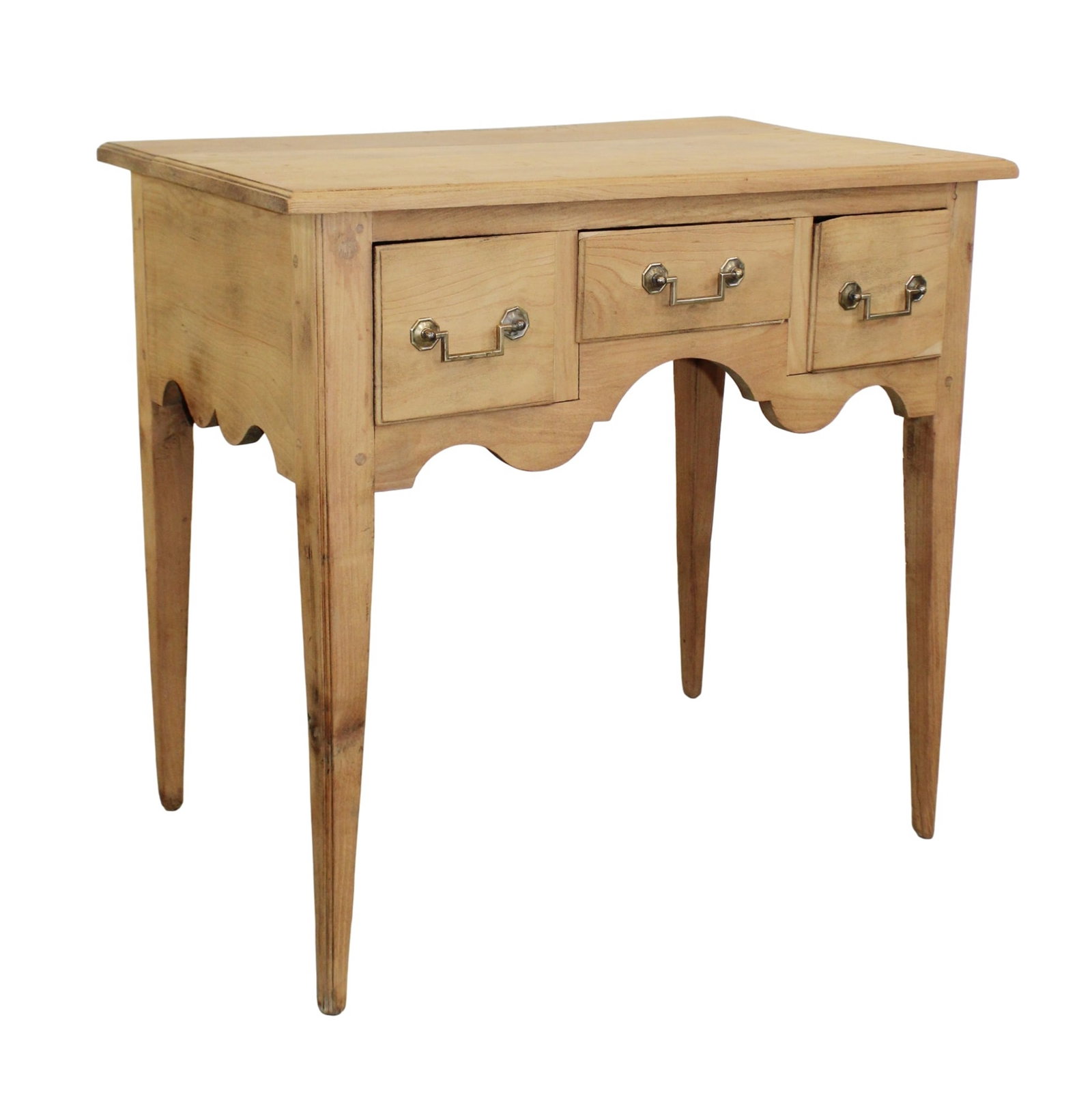 English bleached wood side table on legs with 3 drawers and scalloped apron (1 of 10)