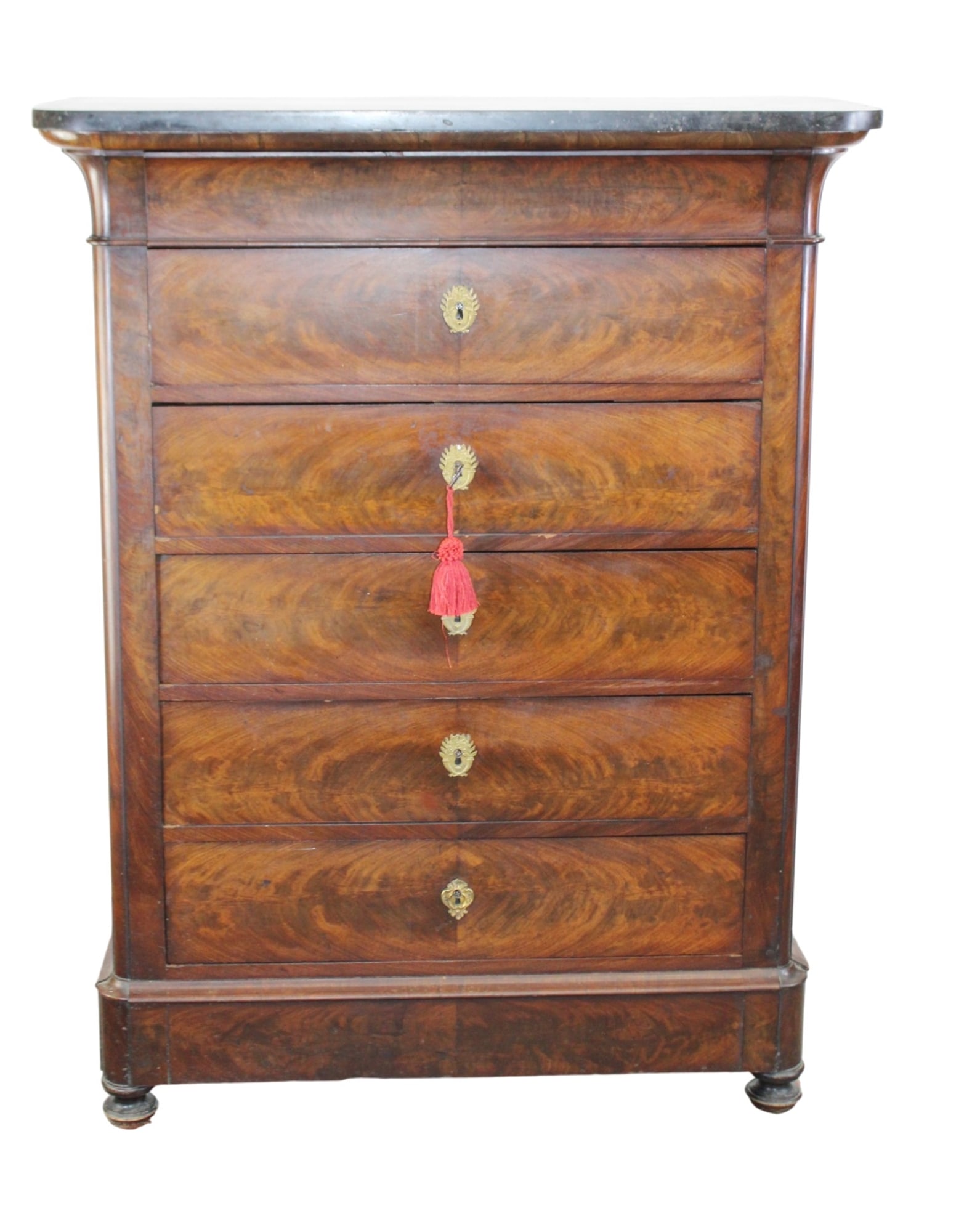 French Louis Philippe semainier commode in walnut with marble top: French Louis Philippe semainier commode in walnut with marble top. 19th century. 49 1/4"h x 38 1/4"w x 16 3/4"d