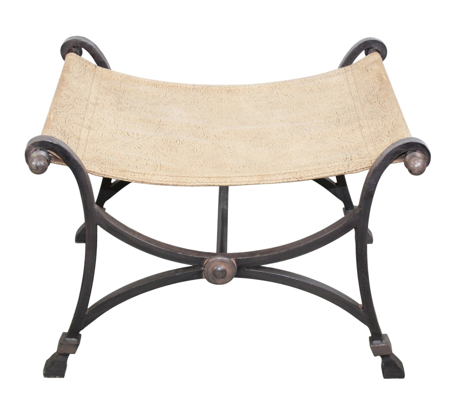 Forged iron curule form stool: Forged iron curule form stool. 18 1/2"h x 26"w x 23"d