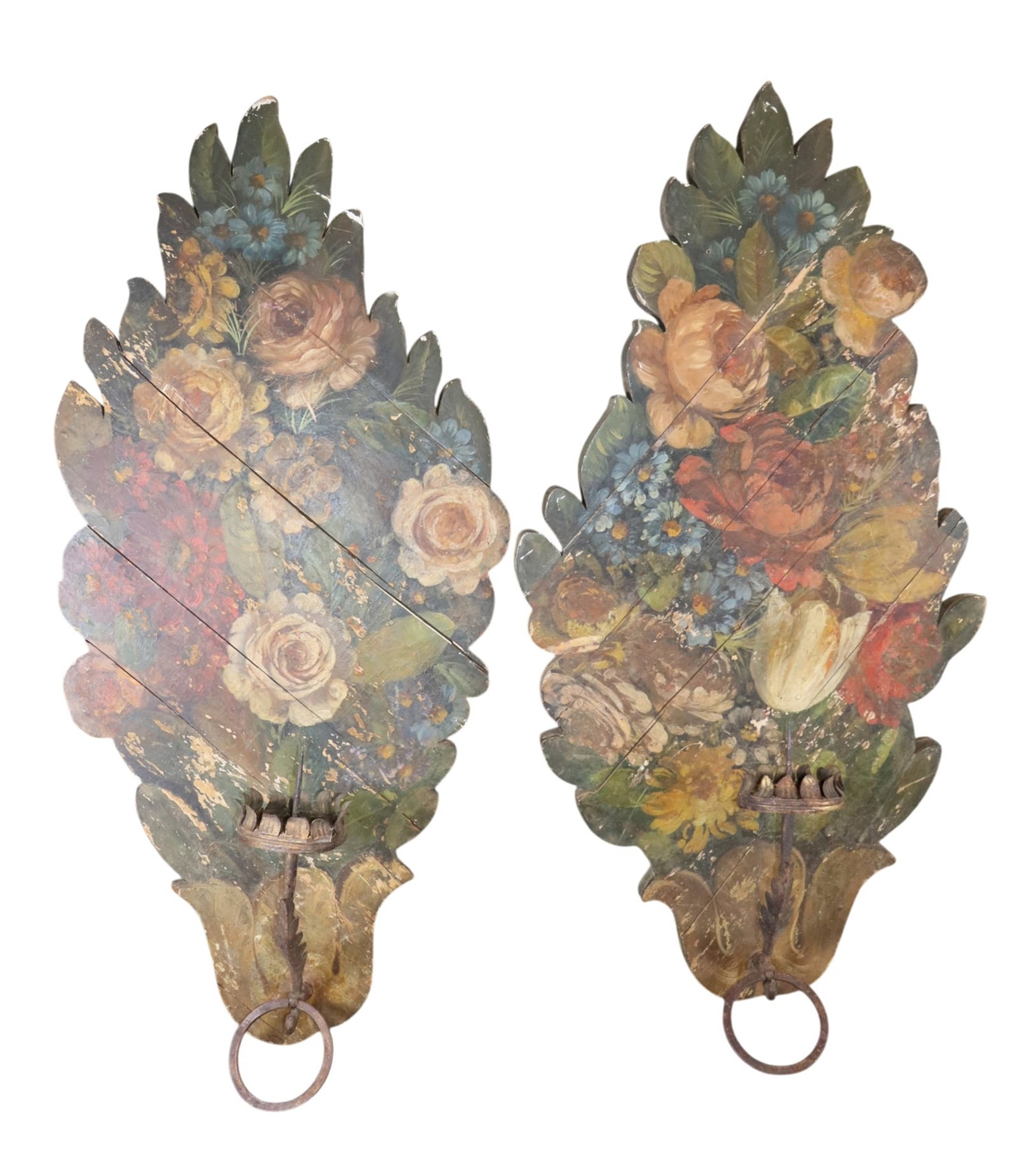 Pair of floral painted wooden single arm candle sconces: Pair of floral painted wooden single arm candle sconces. Early 20th century. 39"h x 20 1/2"w Weight: 13lbs each