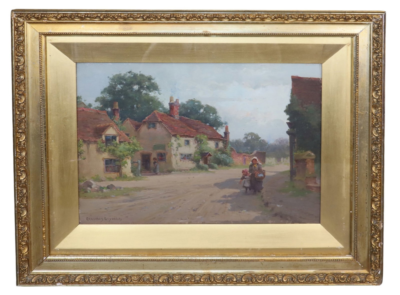 English Crestwick Boydell ( 1861-1919) oil on board painting of village scene (1 of 8)