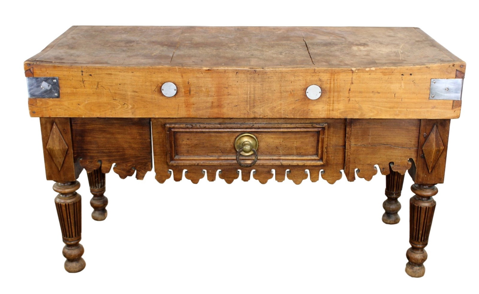 French butchers block on turned legs with scalloped apron and single drawer (1 of 9)