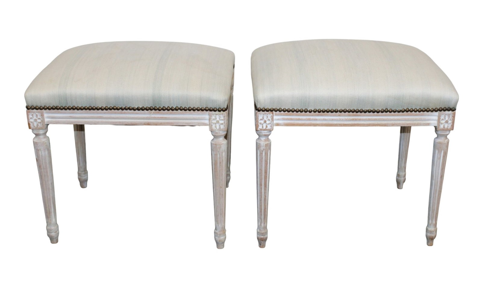 Pair of Louis XVI style upholstered stools: Pair of Louis XVI style upholstered stools on fluted legs. Late 20th century. 17 1/2"h x 20"w x 16"d