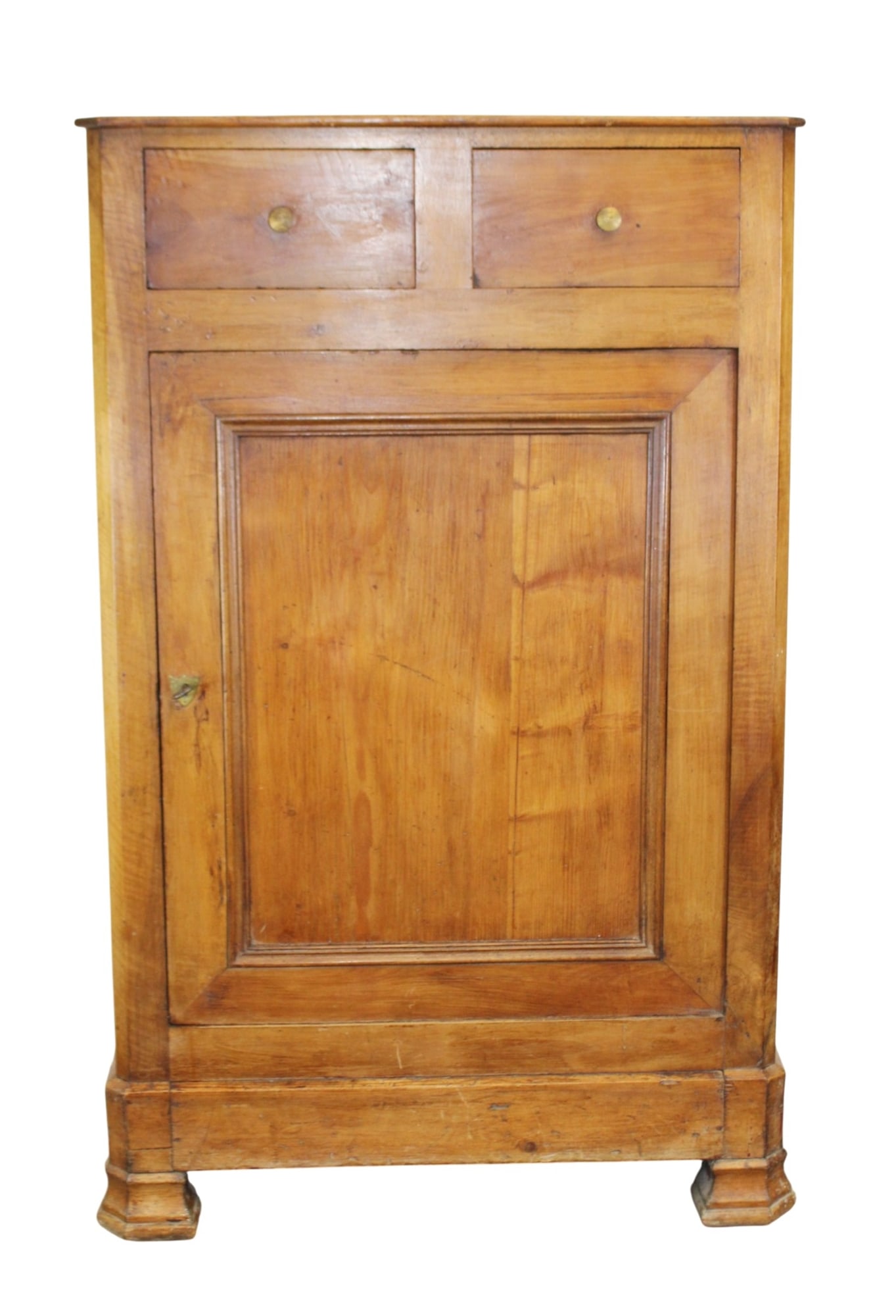 French Louis Philippe single door cabinet in walnut: French Louis Philippe single door cabinet in walnut. 2 drawers atop cabinet door. Hidden drawer at bottom. 19th century. 57 1/2"h x 36 1/2"w x 18 3/4"d
