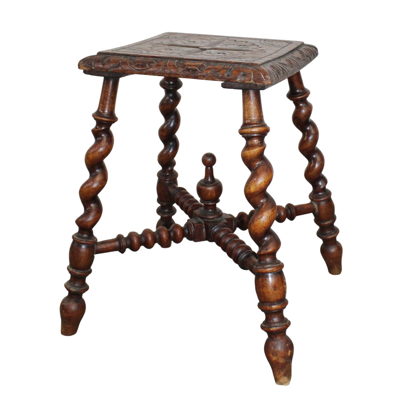 French carved oak barley twist stool: French carved oak barley twist stool. Late 19th century. 17"h x 11 1/2"sq top