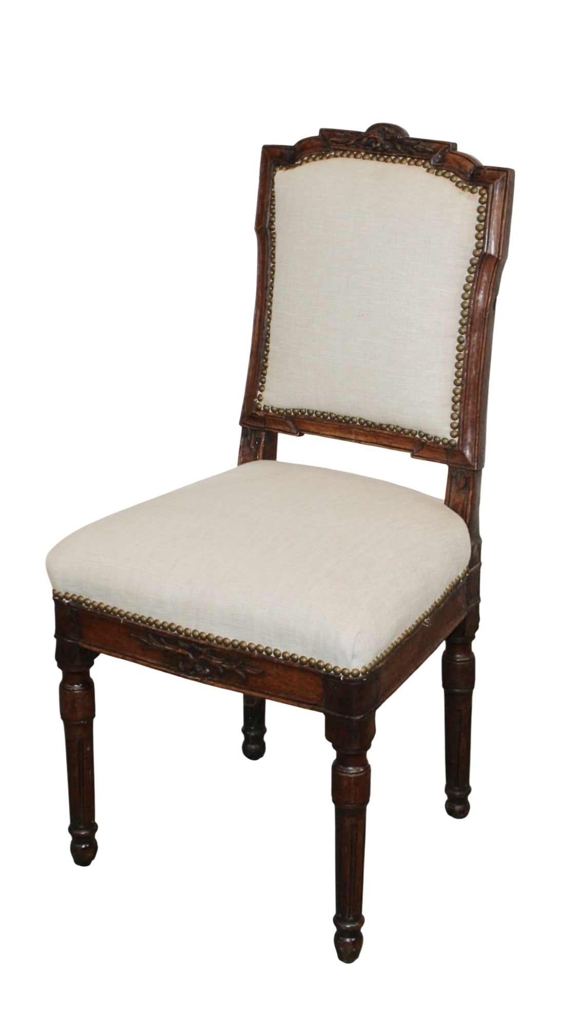 Italian side chair in carved walnut with nail head upholstery and fluted legs (1 of 10)