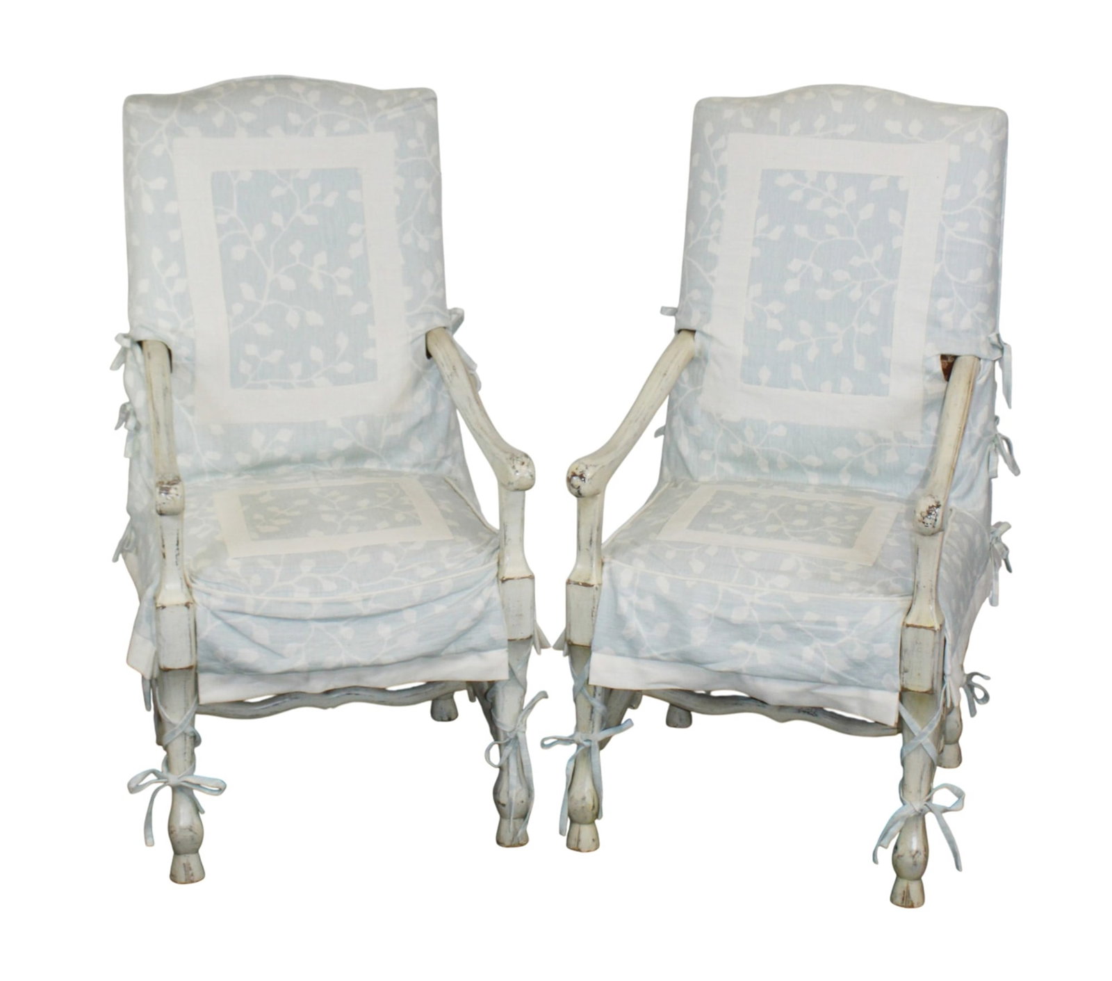 Pair of French os du Mouton armchairs painted finish with custom slip covers: Pair of French os du Mouton armchairs painted finish with custom slip covers. Mid 20th century. 47"h x 23"w x 25"d, seat height 20"