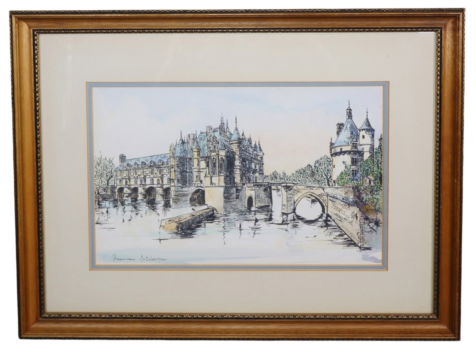 French pen and ink watercolor on paper drawing of Le Chateau de Chenonceau (1 of 7)