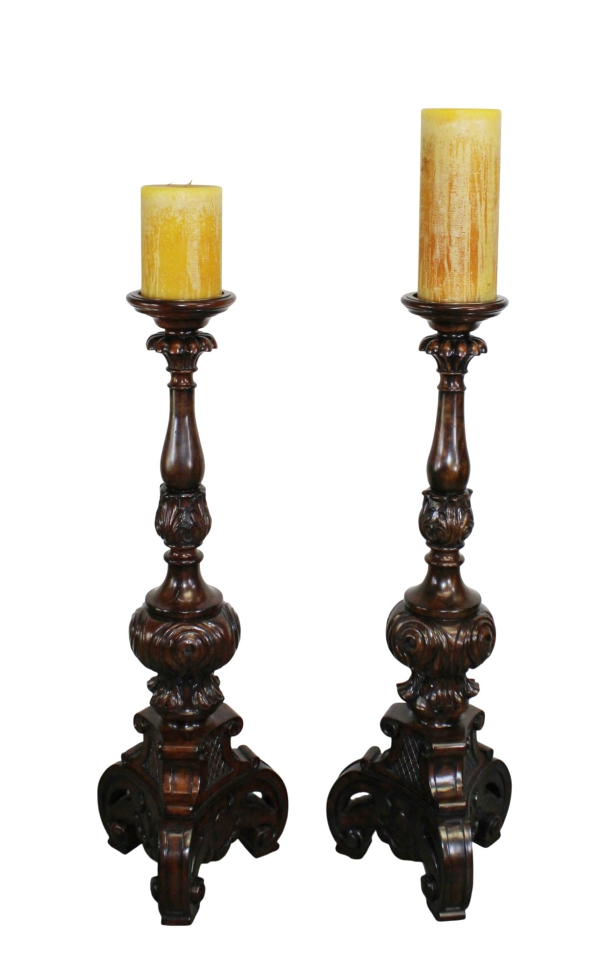 Pair of Maitland Smith (unmarked) carved mahogany floor candlesticks: Pair of Maitland Smith (unmarked) carved mahogany floor candlesticks. Late 20th century. 48"h x 17"w without candles