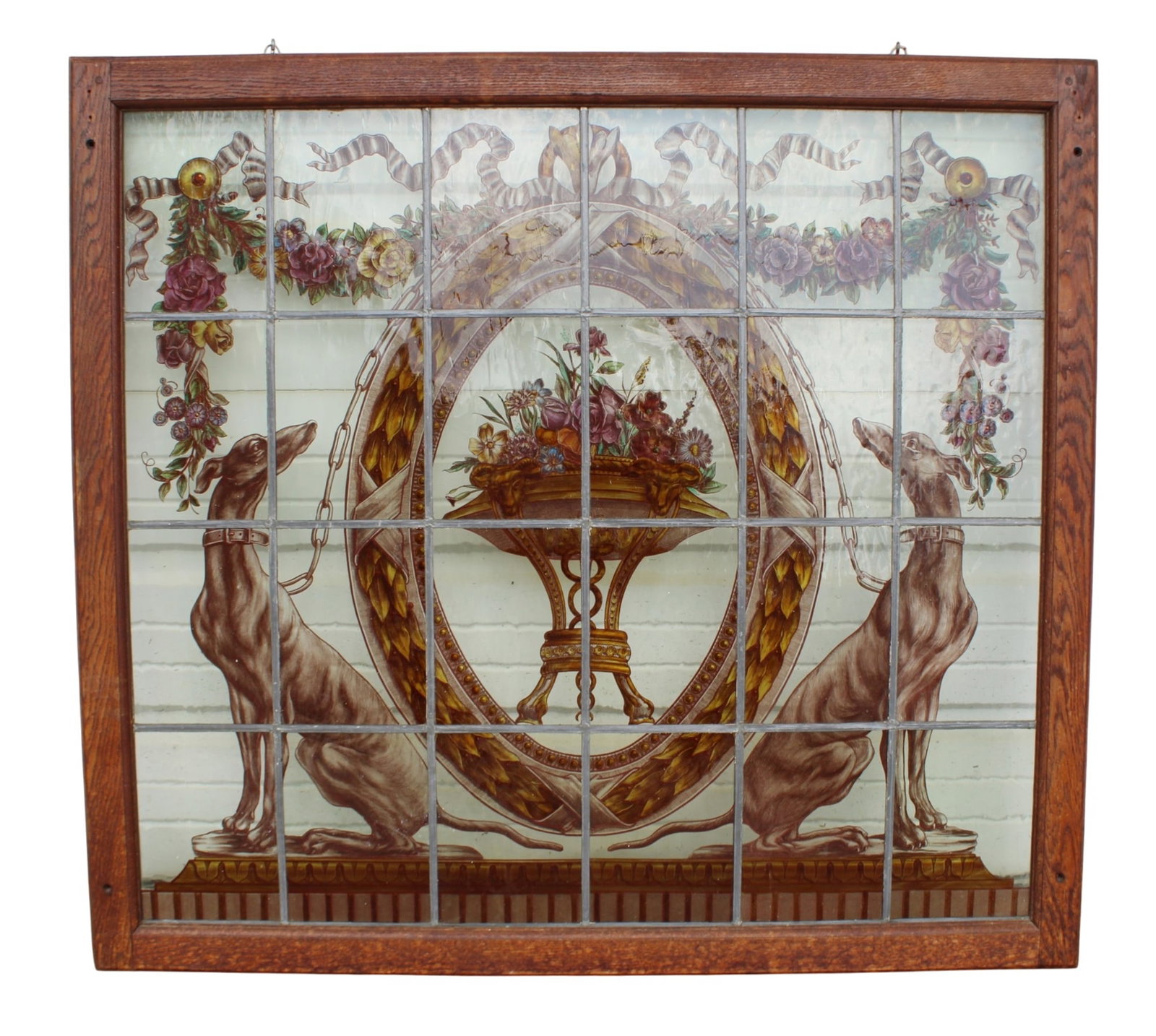 Hand painted leaded glass window with greyhounds (1 of 4)