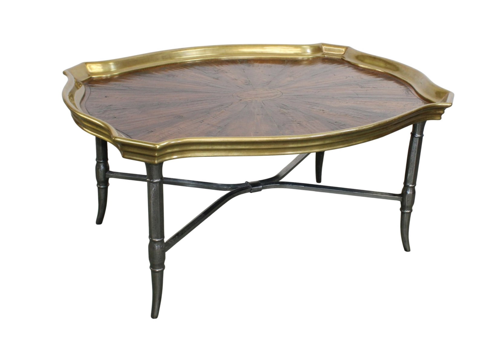 Marquetry sunburst tray top cocktail table with brass gallery: Marquetry sunburst tray top cocktail table with brass gallery. On burnished steel base with cross stretcher. By Century. 19"h x 40"w x 30"d