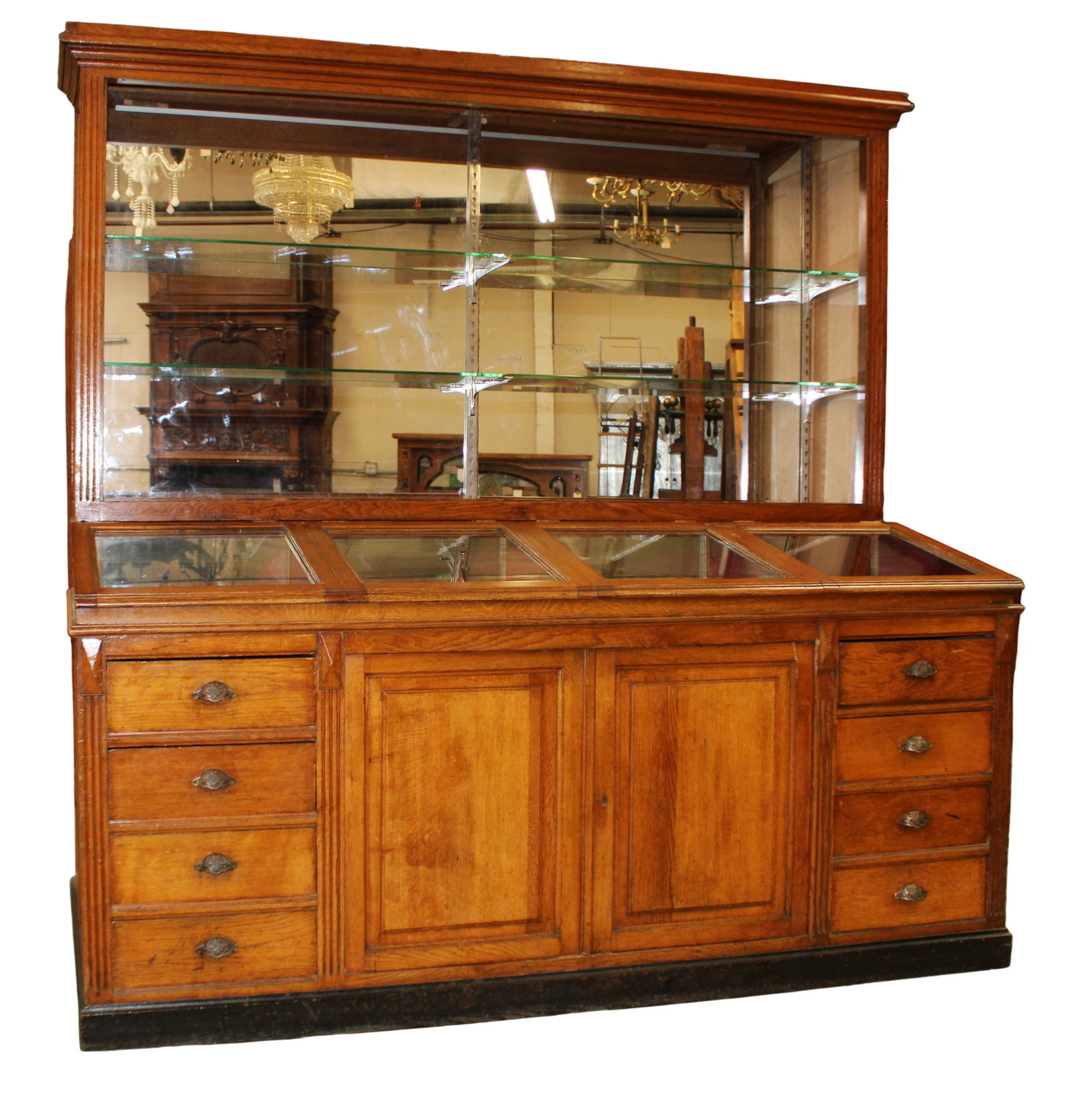 French shop display cabinet with slanted lift top glass display and open mirrored back shelves (1 of 12)