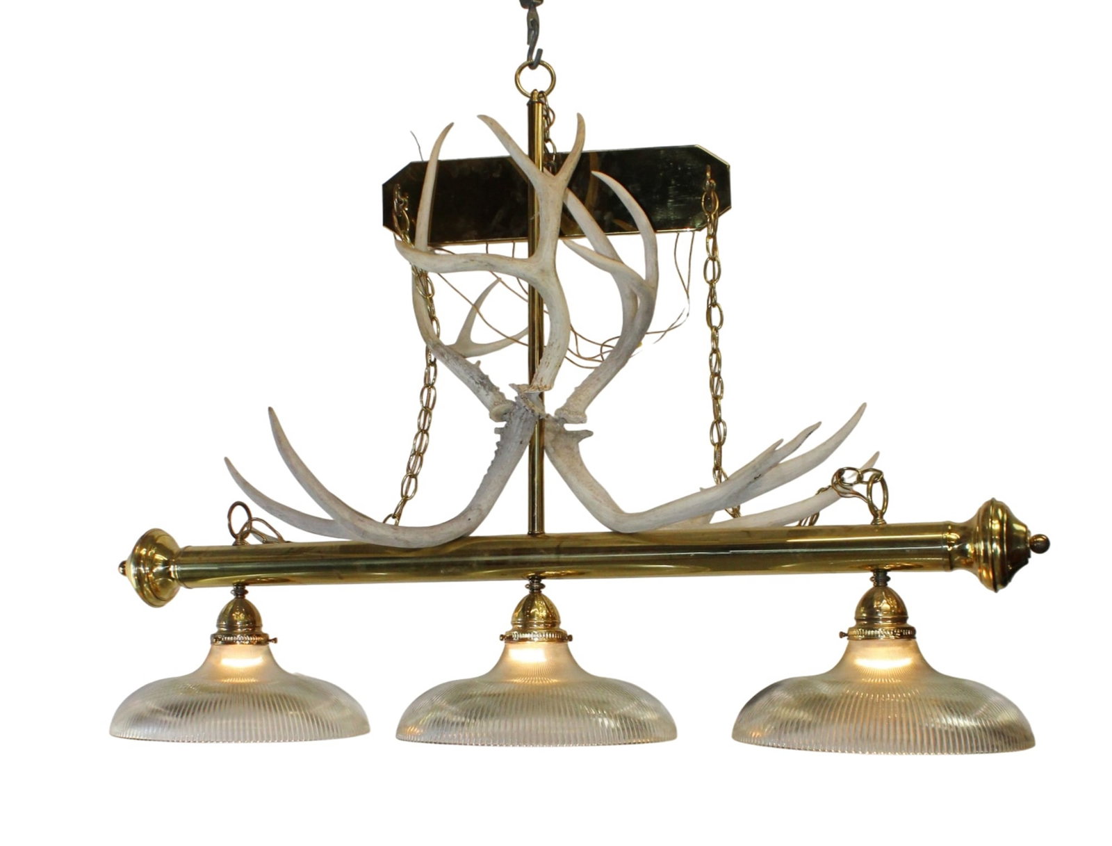 Brass linear hanging 3 light fixture with antlers and ribbed glass shades (1 of 9)