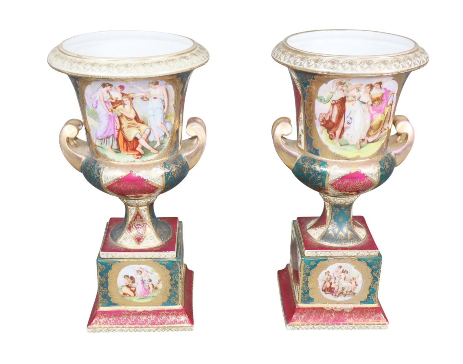 Pair of Royal Vienna neoclassical style porcelain pedestal urns: Pair of Royal Vienna neoclassical style porcelain pedestal urns. Late 19th century. 11 5/8"h x 5 1/2"w x 4 1/4"d. Weight: 7lbs total