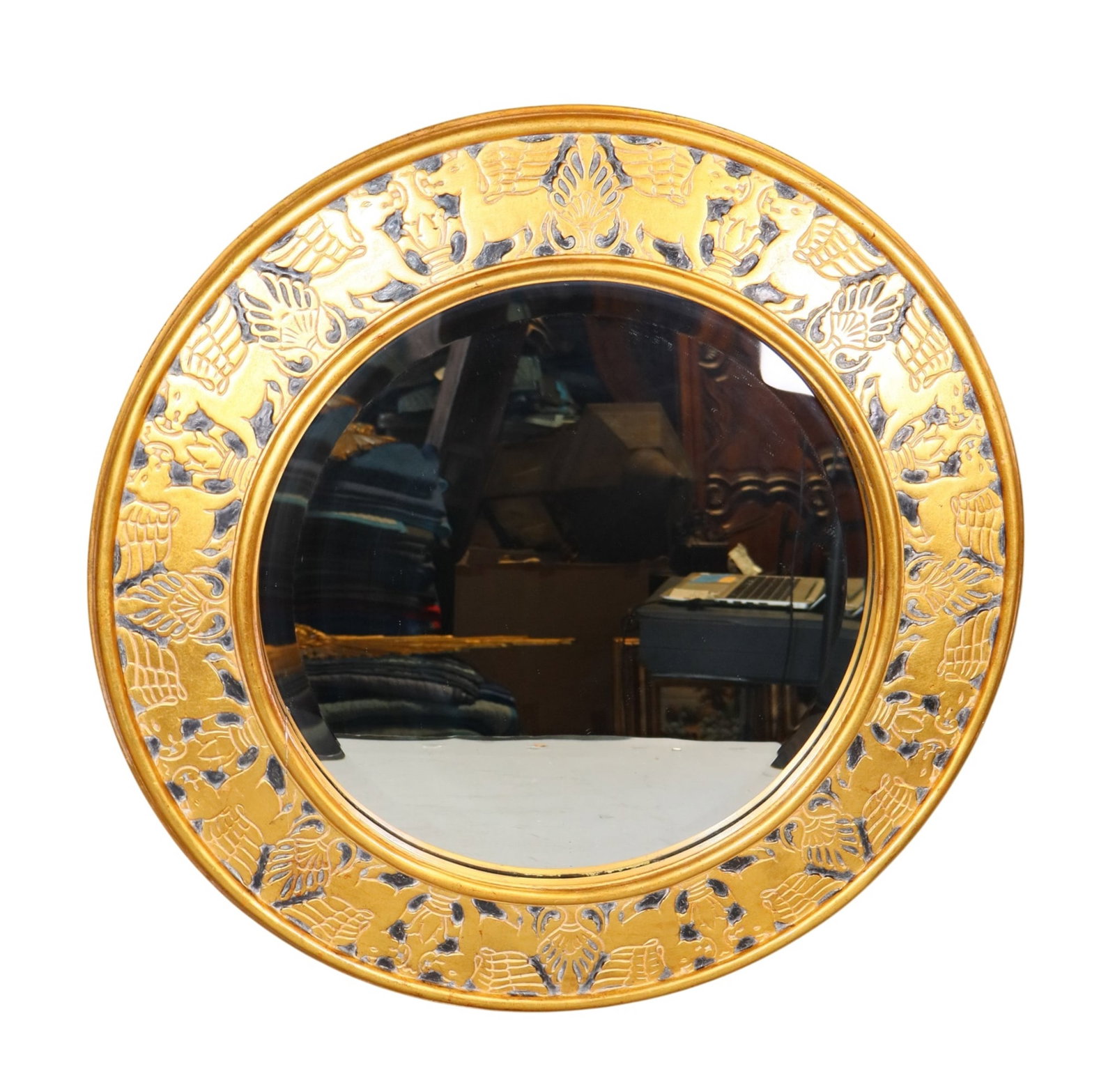 Dauphine Mirror Co round mirror in gilt frame with carved Pegasus and beveled glass (1 of 7)