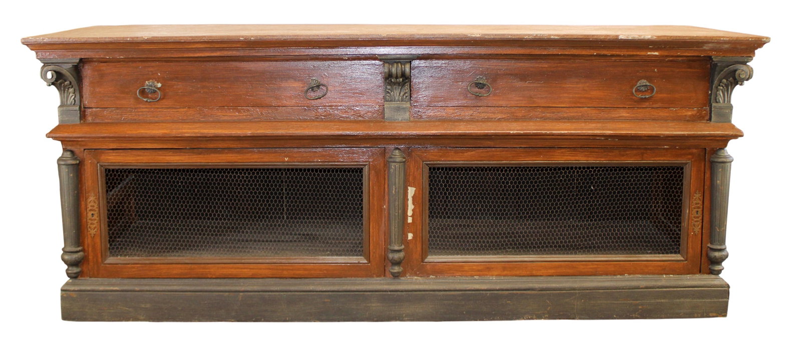 Grand scale French faux painted sideboard shop counter with wire doors (1 of 15)