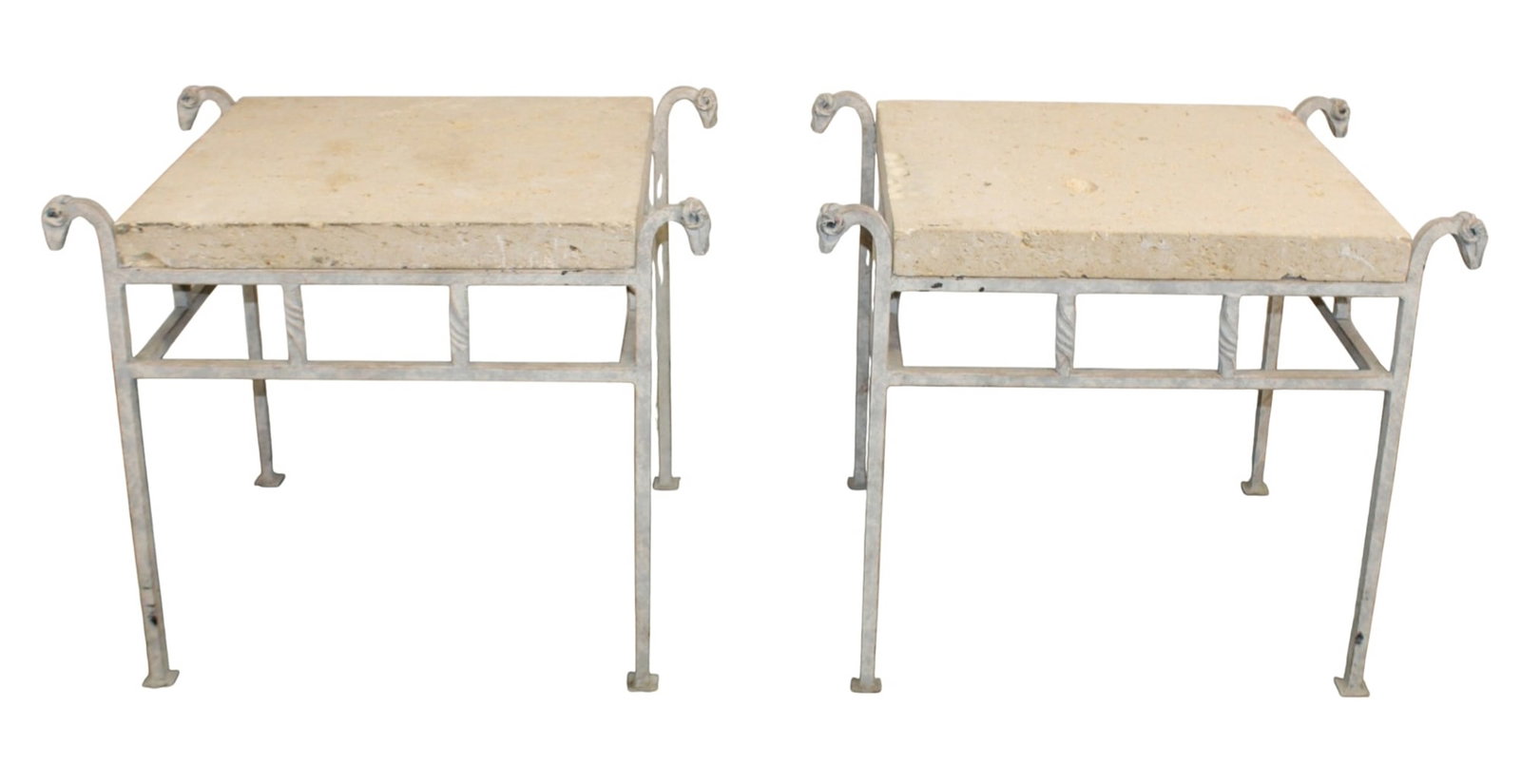 Pair of painted wrought iron side table with rams heads and stone tops (1 of 10)