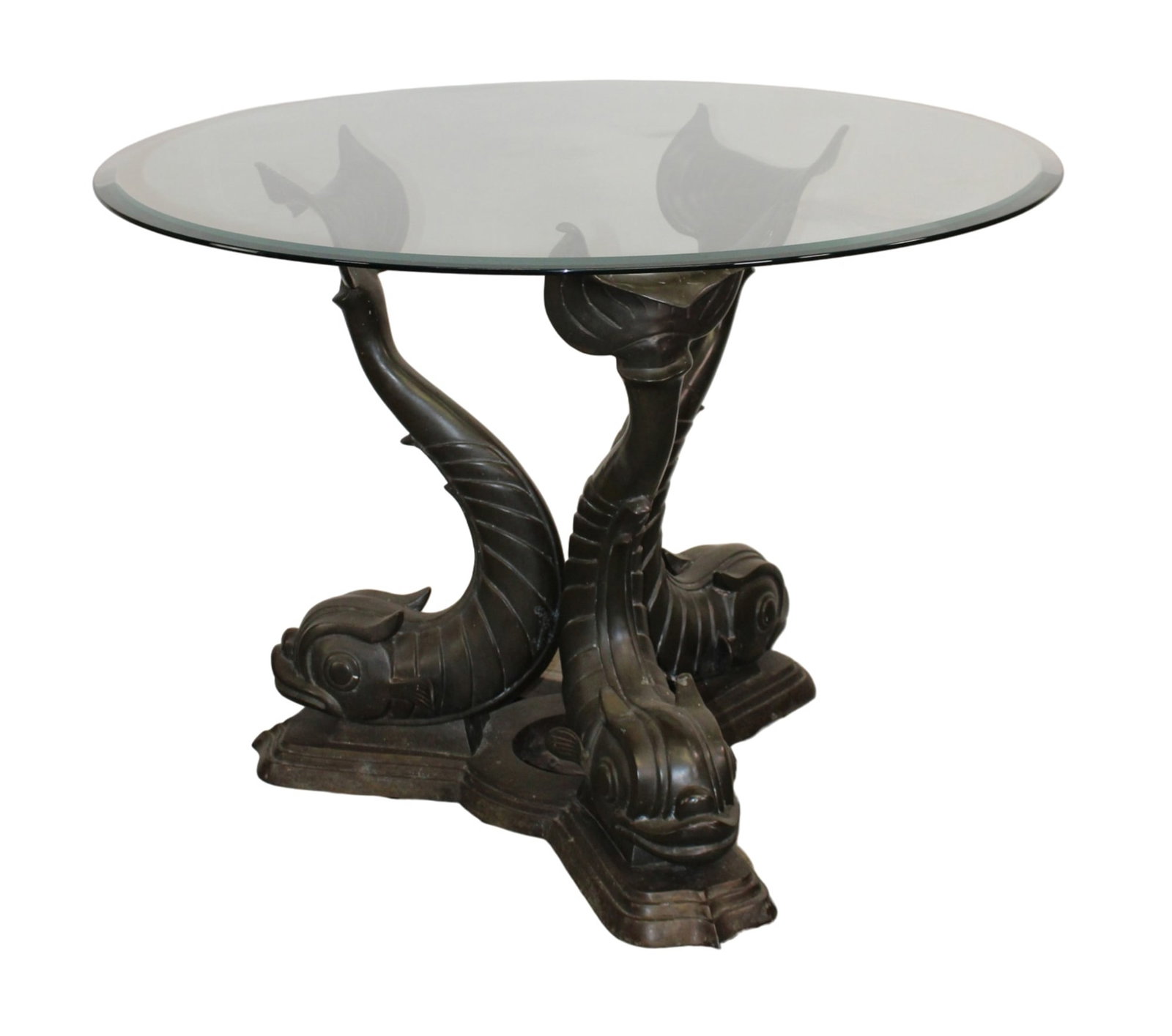 Bronze triple dolphin pedestal base round table with glass top (1 of 6)