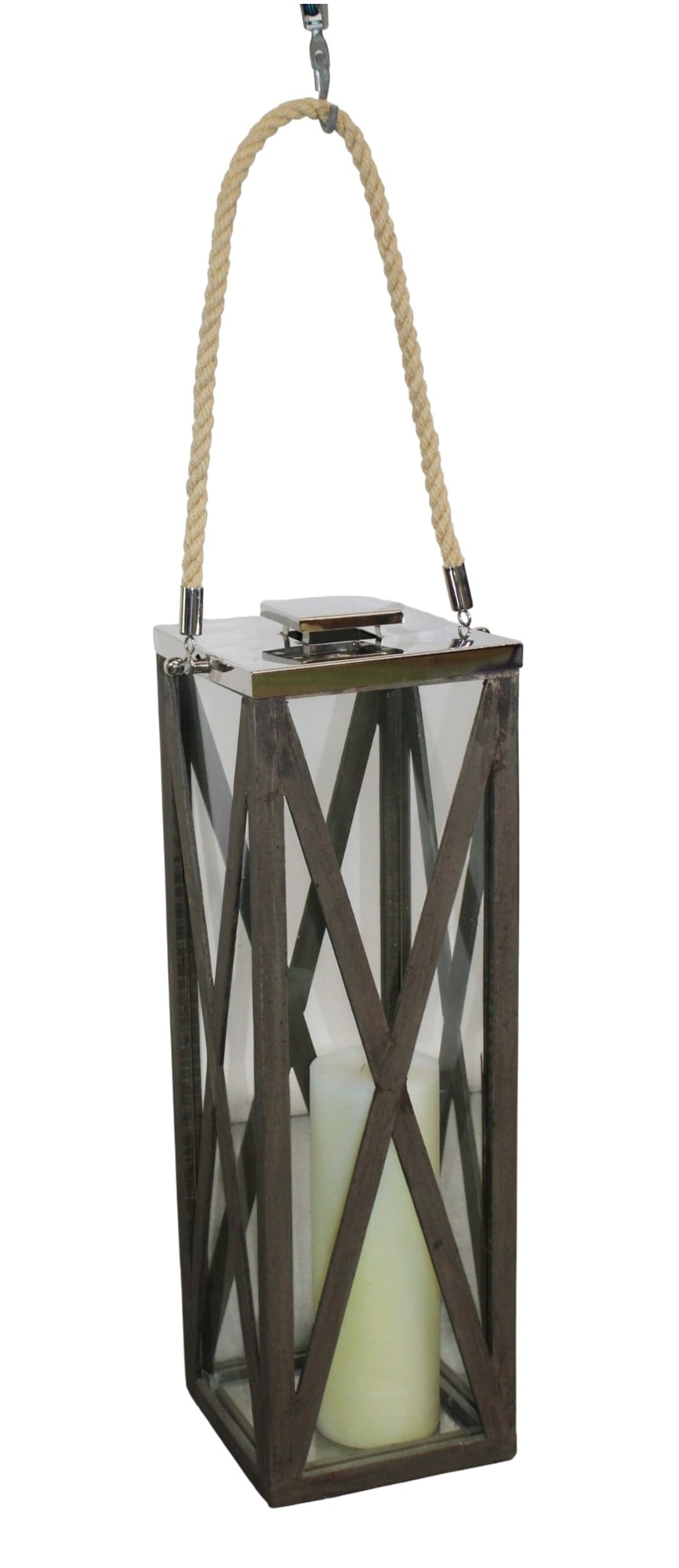 Stainless and distress wood lantern with rope handle (1 of 7)