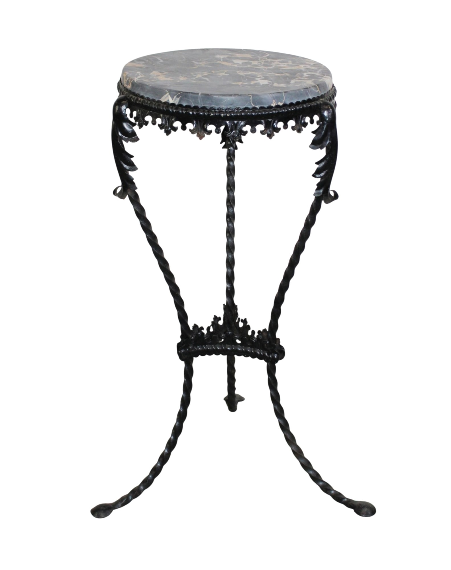Wrought iron pedestal plant stand with acanthus leaves and a marble top (1 of 9)