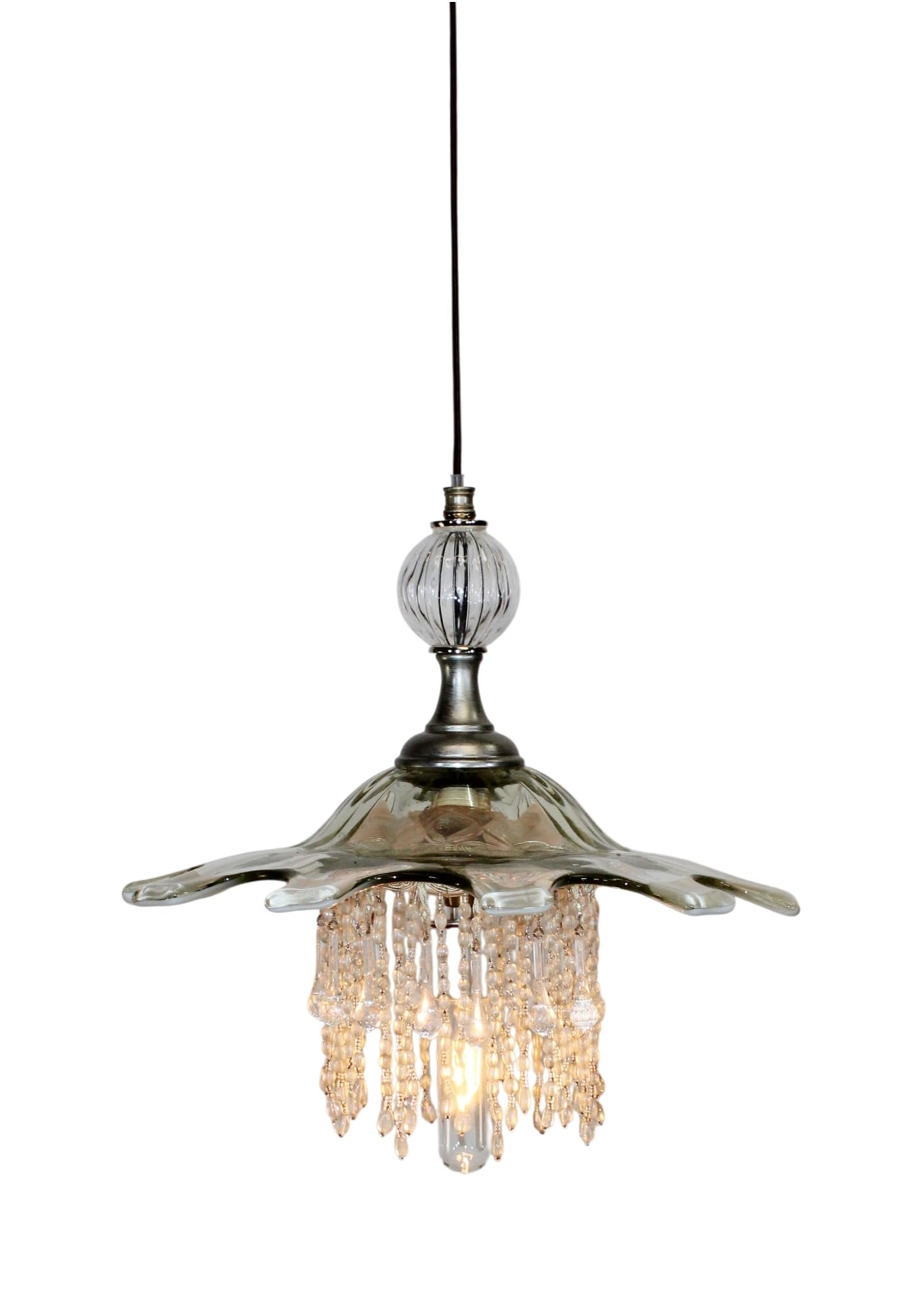 Luna Bella Sulpice Pendant Hand Blown Jellyfish-like clear glass disk with white edging: Luna Bella Sulpice Pendant Hand Blown Jellyfish-like clear glass disk with white edging. 14"h x 17"w dia