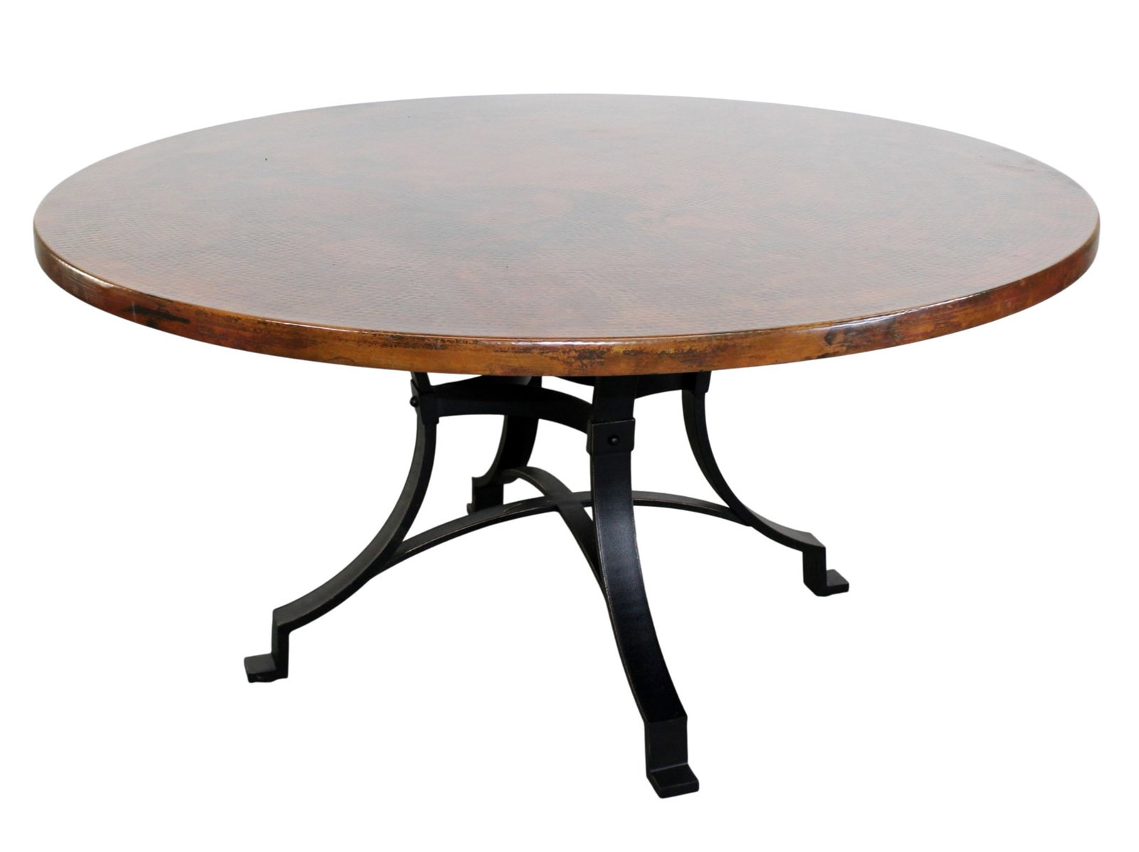 Round dining table on quadruped base with hammered copper top: Round dining table on quadruped base with hammered copper top. Marked Mexico. 29 3/4"h x 60"dia