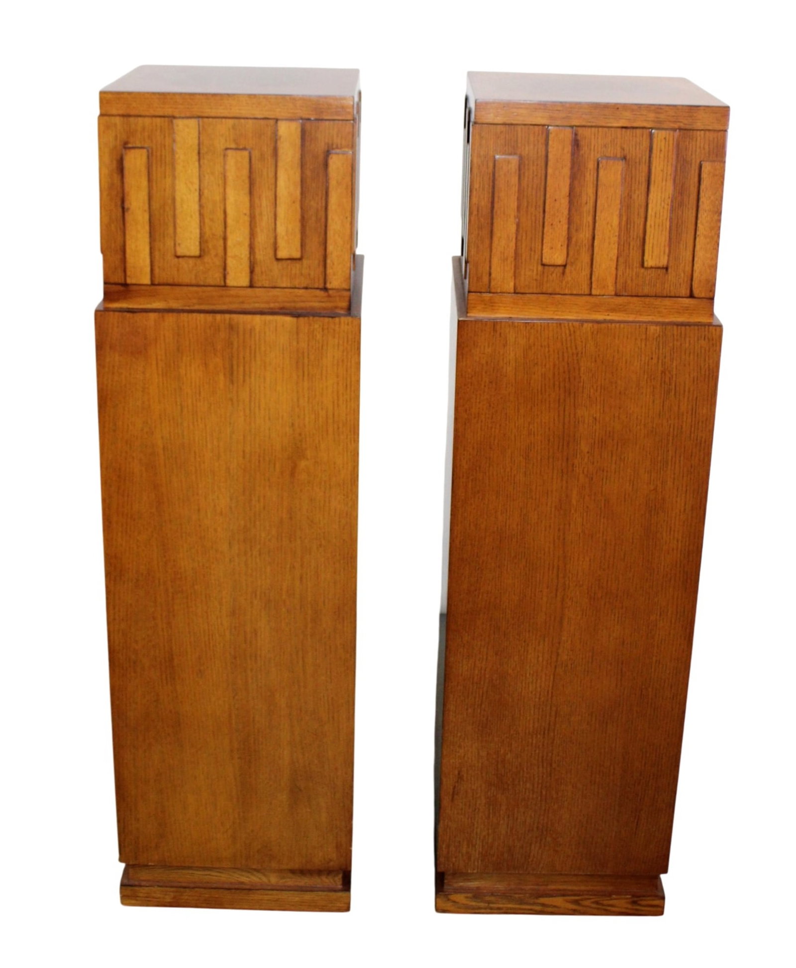Pair of Art Deco pedestals in oak: Pair of Art Deco pedestals in oak. 47 1/2"h x 12 1/2"w