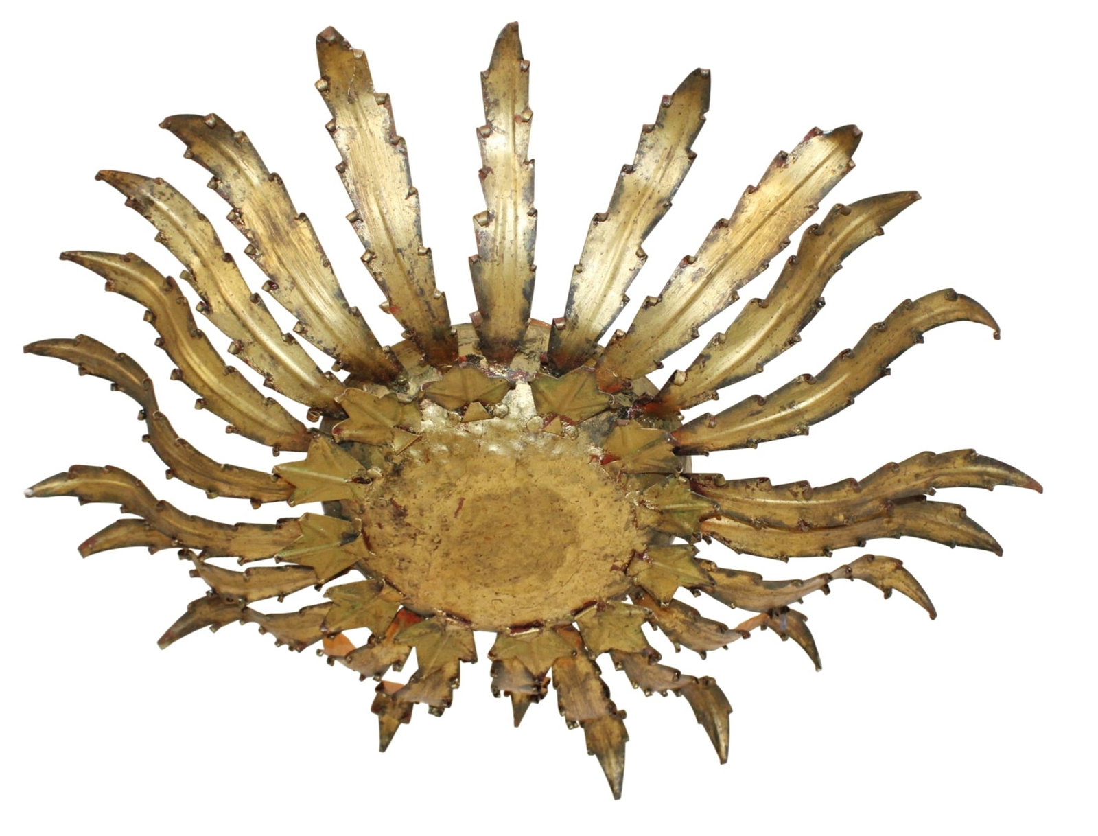 Italian gilt metal sunburst chandelier: Italian gilt metal sunburst chandelier. Mid 20th century. 6"h (21"with chain) x 24"dia