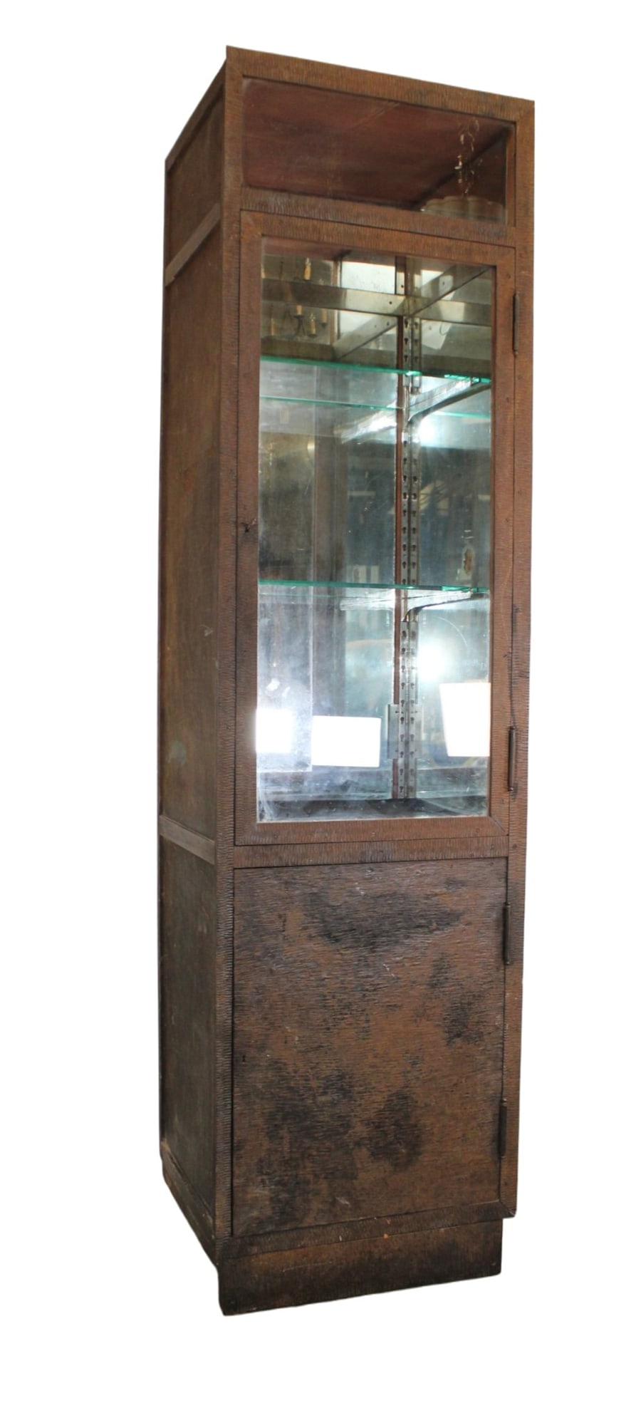French Art Deco iron cabinet with glass shelves: French Art Deco iron cabinet with glass shelves. Mid 20th century. 92"h x 24 3/4"w x 21 1/2"d