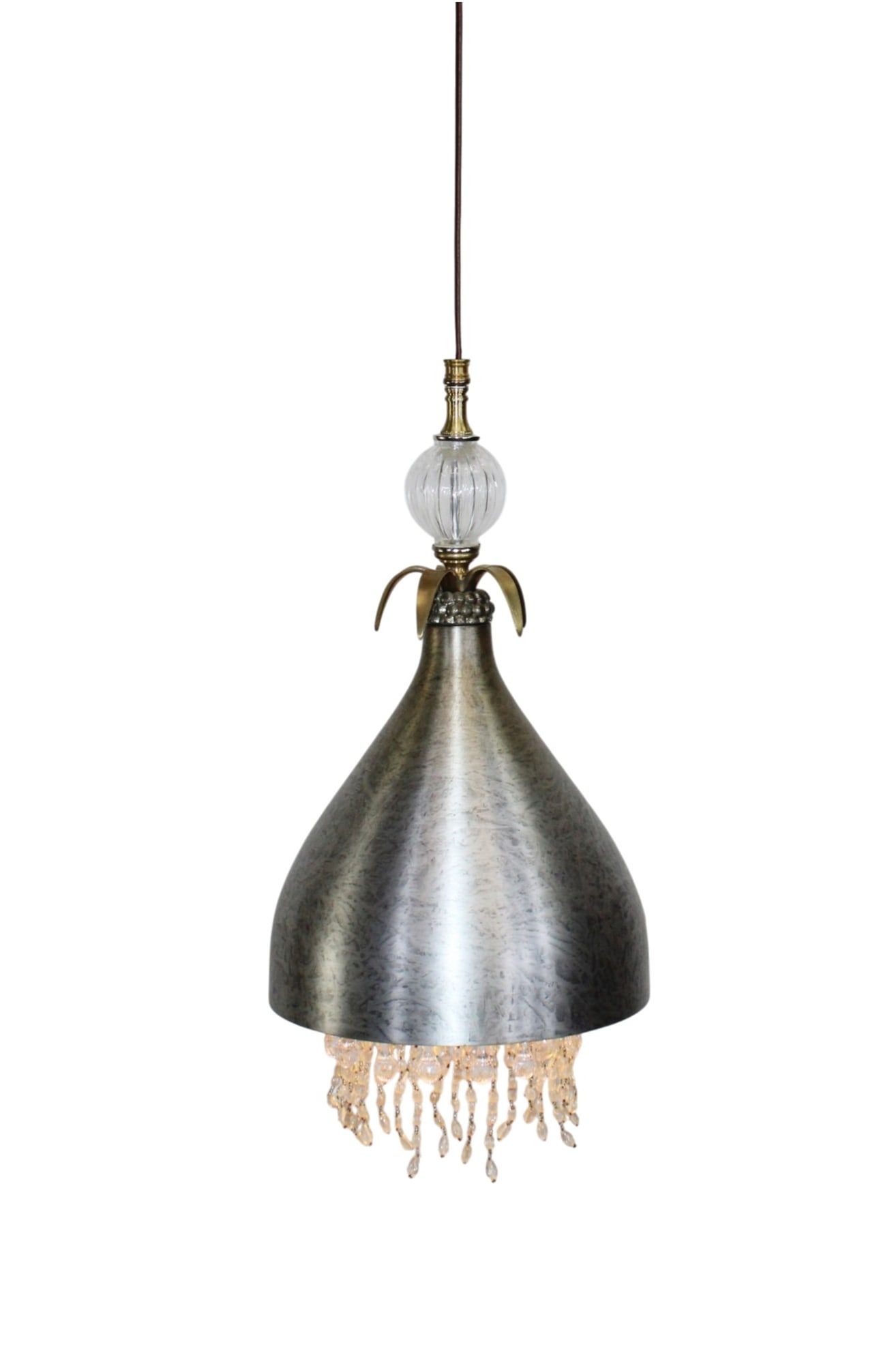 Luna Bella Chariol pendant in aluminum and brass with crystal accents: Luna Bella Chariol pendant in aluminum and brass with crystal accents. 18"h x 10.5"dia