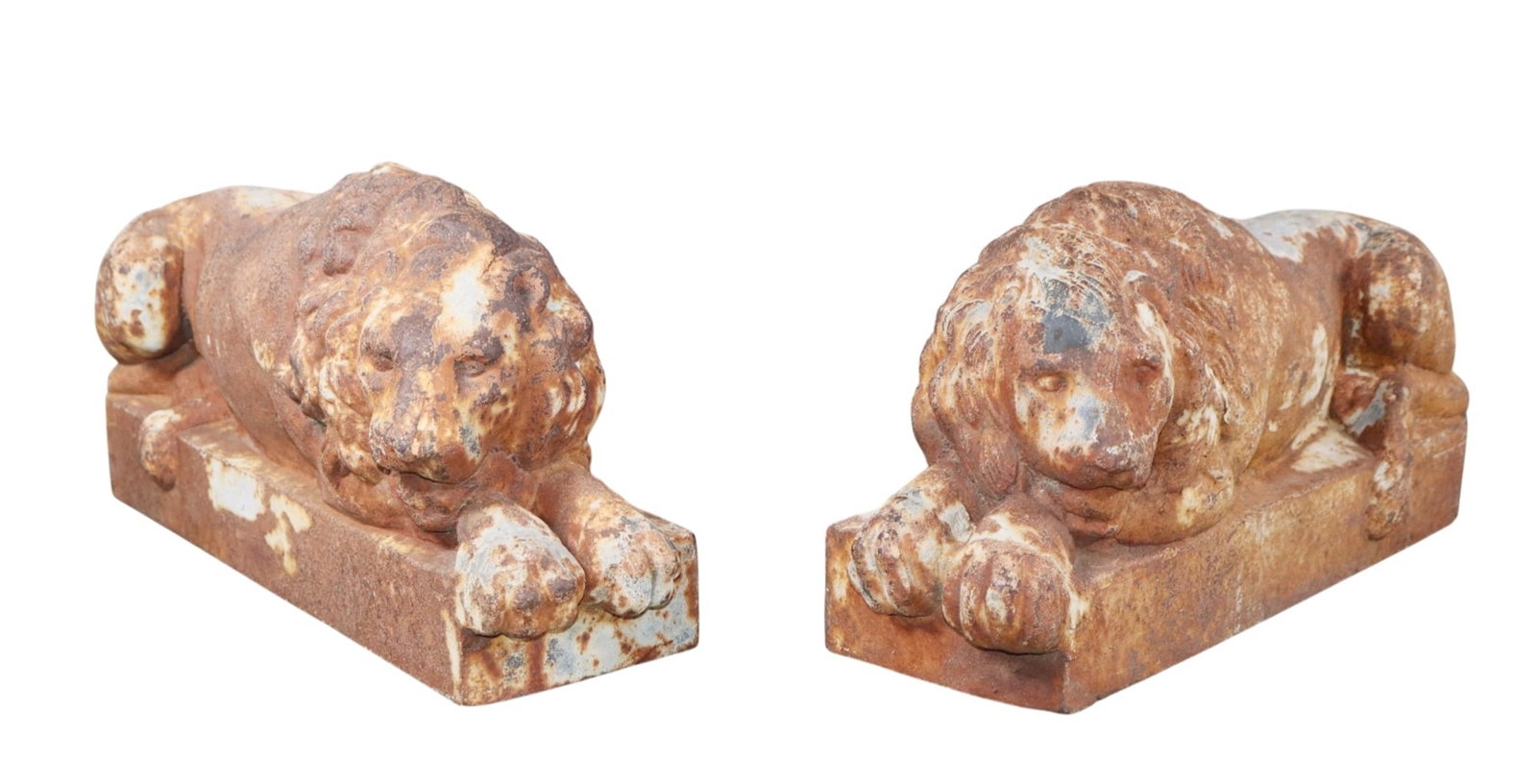 Pair of cast iron sleeping lions on plinths (1 of 9)
