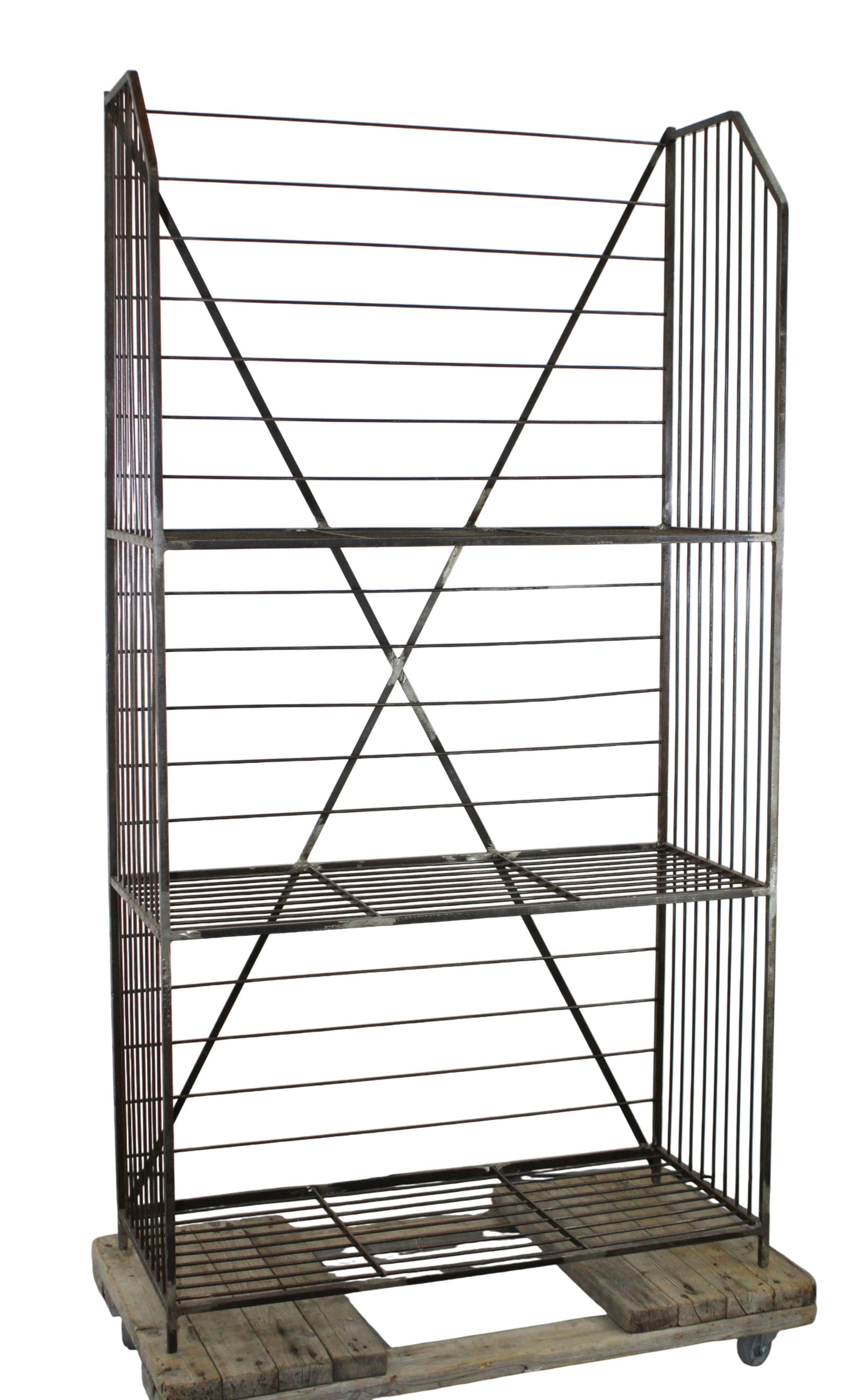 Industrial iron tiered bakers rack: Industrial iron tiered bakers rack. Late 20th century. 79?h x 41 3/4?w x 17 3/8?d
