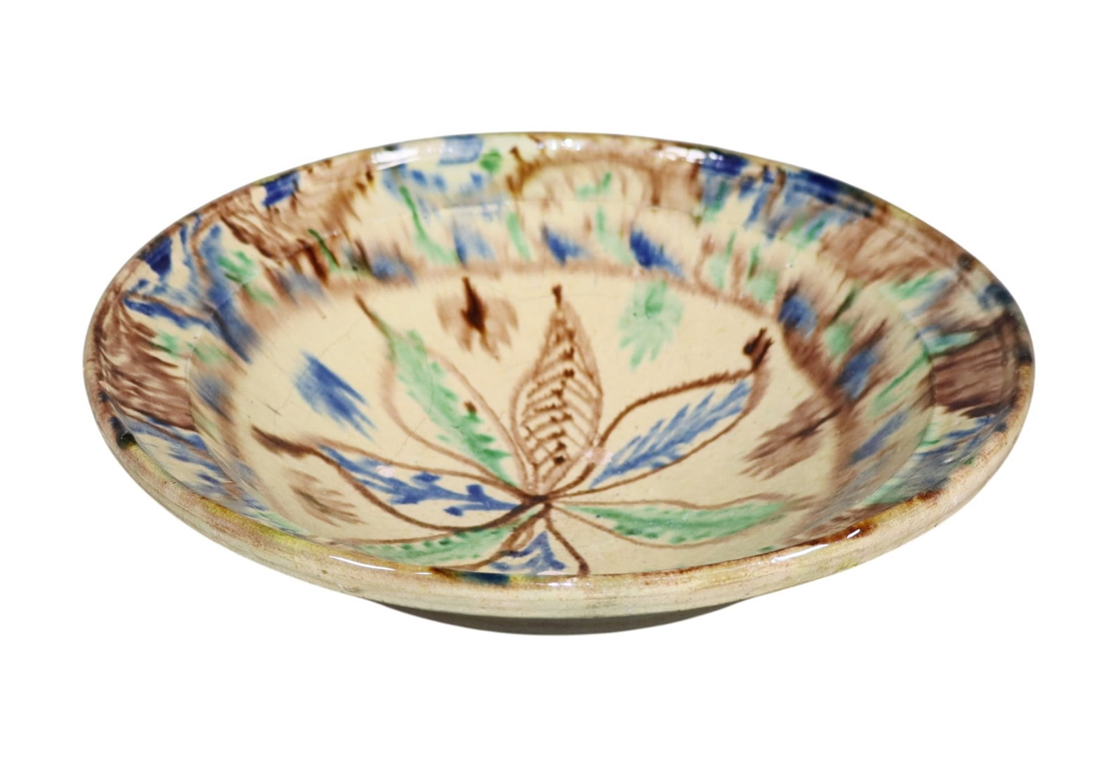 French Provincial terra cotta drip glazed bowl: French Provincial terra cotta drip glazed bowl. Early 20th century. 4 1/8"h x 12 3/4"dia. Weight: 4lbs