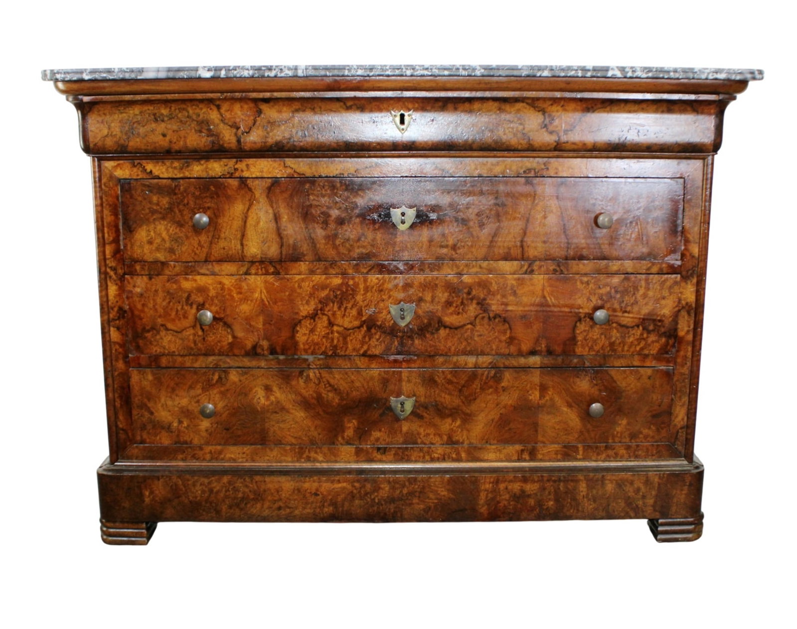 French Louis Philippe commode in burl walnut with marble top: French Louis Philippe commode in walnut and burl walnut with a marble top. 19th century. 36 3/8"h x 51 1/2"w x 25 1/4"d