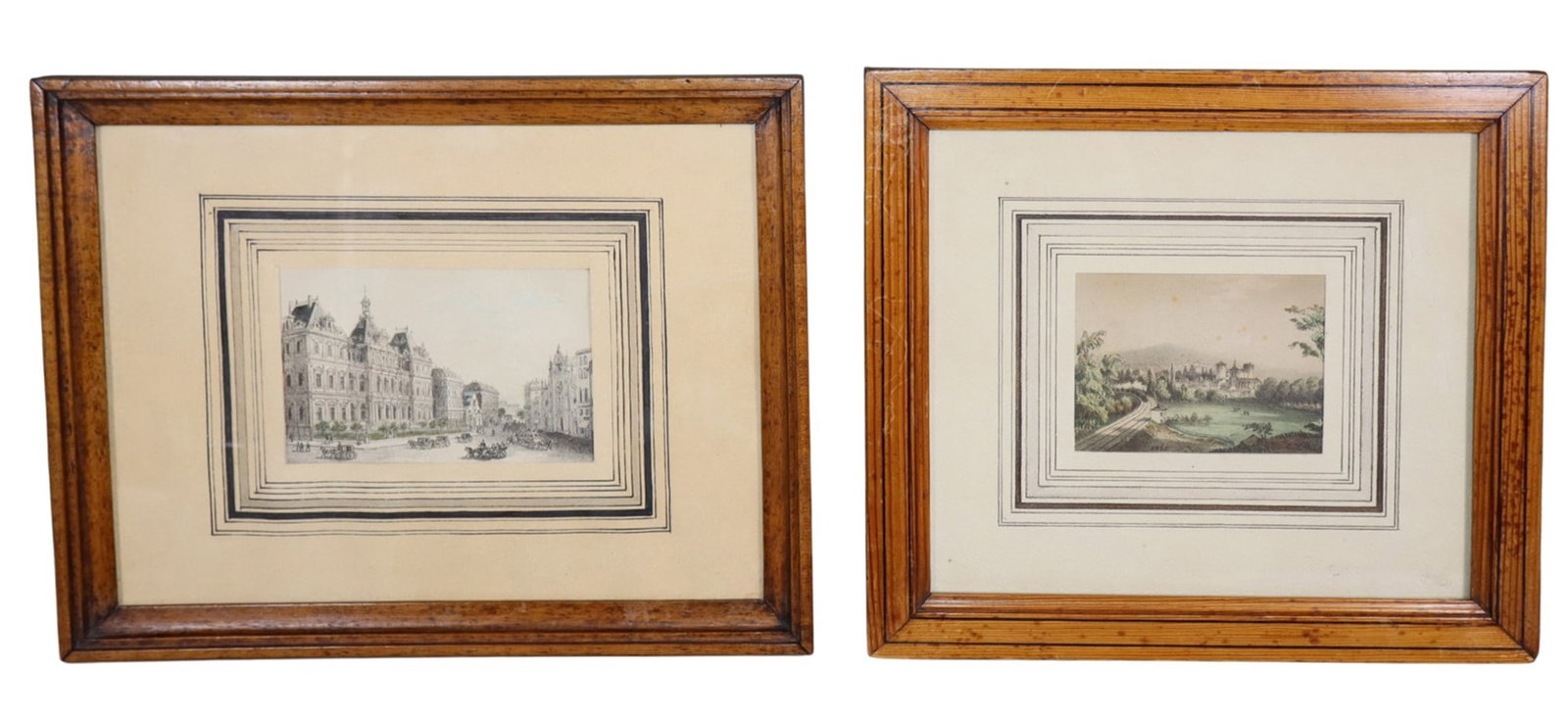 Lot of 2 French colored engravings of village scenes: Lot of 2 French colored engravings of village scenes. Overall: 10"h x 12 3/8"w Sight: 3 3/8"h x 5 1/8"w overall: 10 1/8"h x 11 1/4"w Sight: 3 1/8"h x 4 1/8"w Weight: 3lbs total
