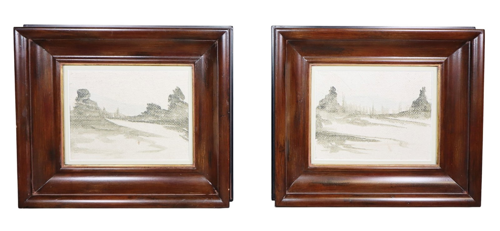 Pair of oil on artist board graphic black and white landscape paintings: Pair of oil on artist board graphic black and white landscape paintings. Overall: 13 1/4"h x 15 1/4"w. Sight: 7 3/8"h x 9 3/8"w. Weight: 4lbs