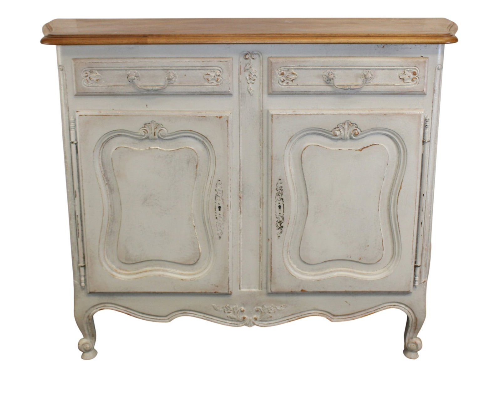 French Provincial 2 door painted buffet bas with parquet top: French Provincial 2 door painted buffet bas with parquet top. Makers label on back from Toulon and dated 1962. 41"h x 55"w x 21 1/4"d