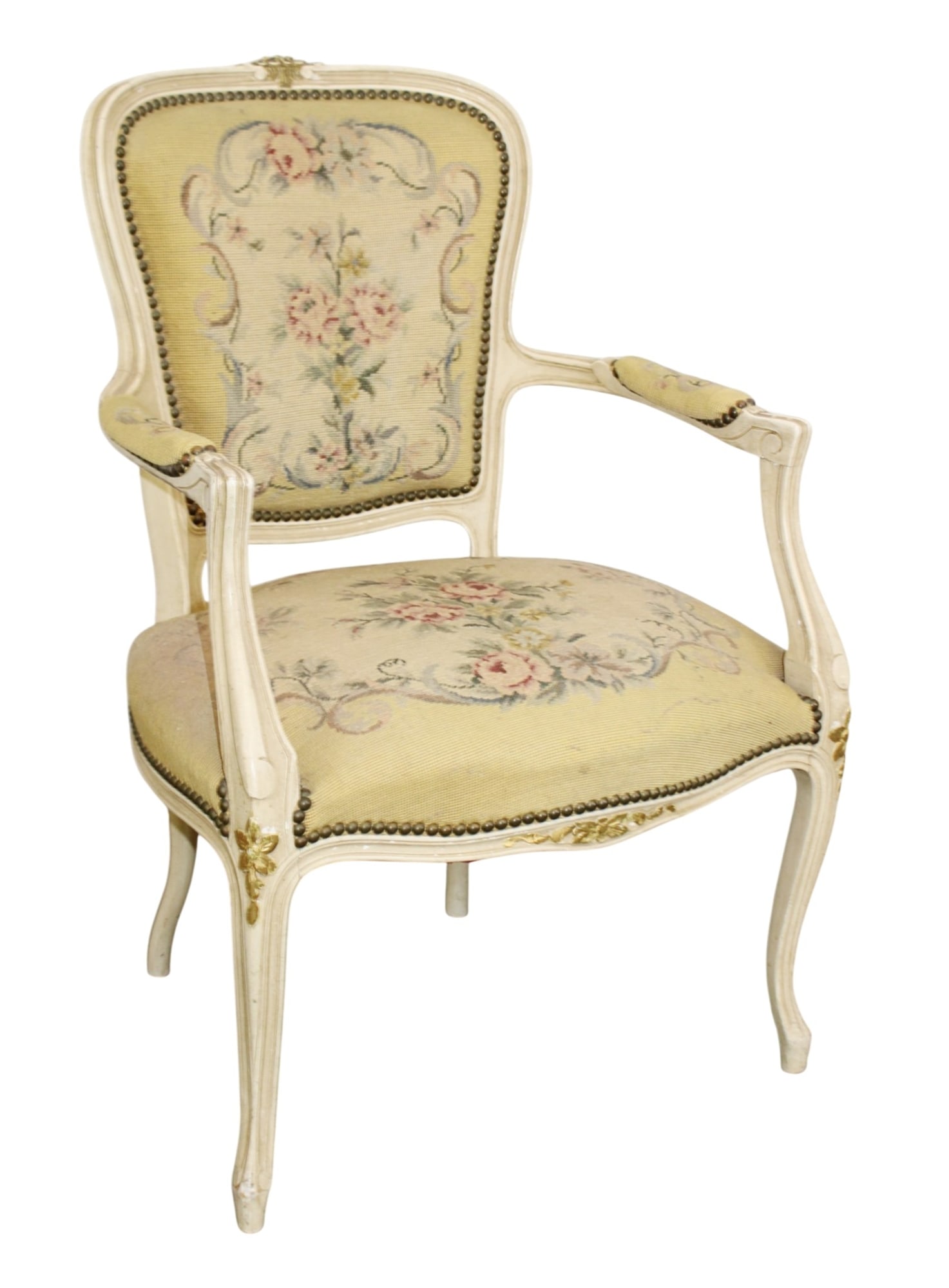 French Louis XV style armchair with floral needlepoint: French Louis XV style armchair in painted finish with floral needlepoint upholstery. Mid 20th century. 35"h x 24"w x 19"d, seat height 16"