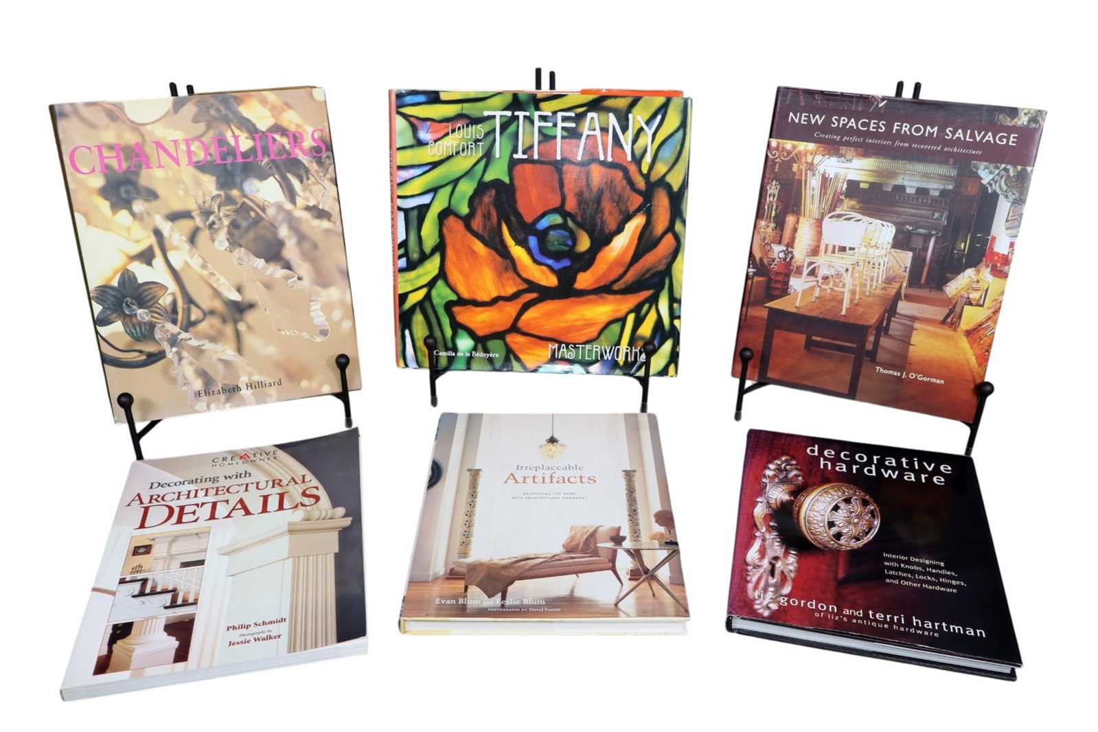 Set of 6 books on architectural details: Set of 6 books on architectural details. "Chandeliers", "Louis Comfort Tiffany", "New Spaces from Salvage", "Decorating with Architectural Details", "Irreplaceable Artifacts", "Decorative Hardware".