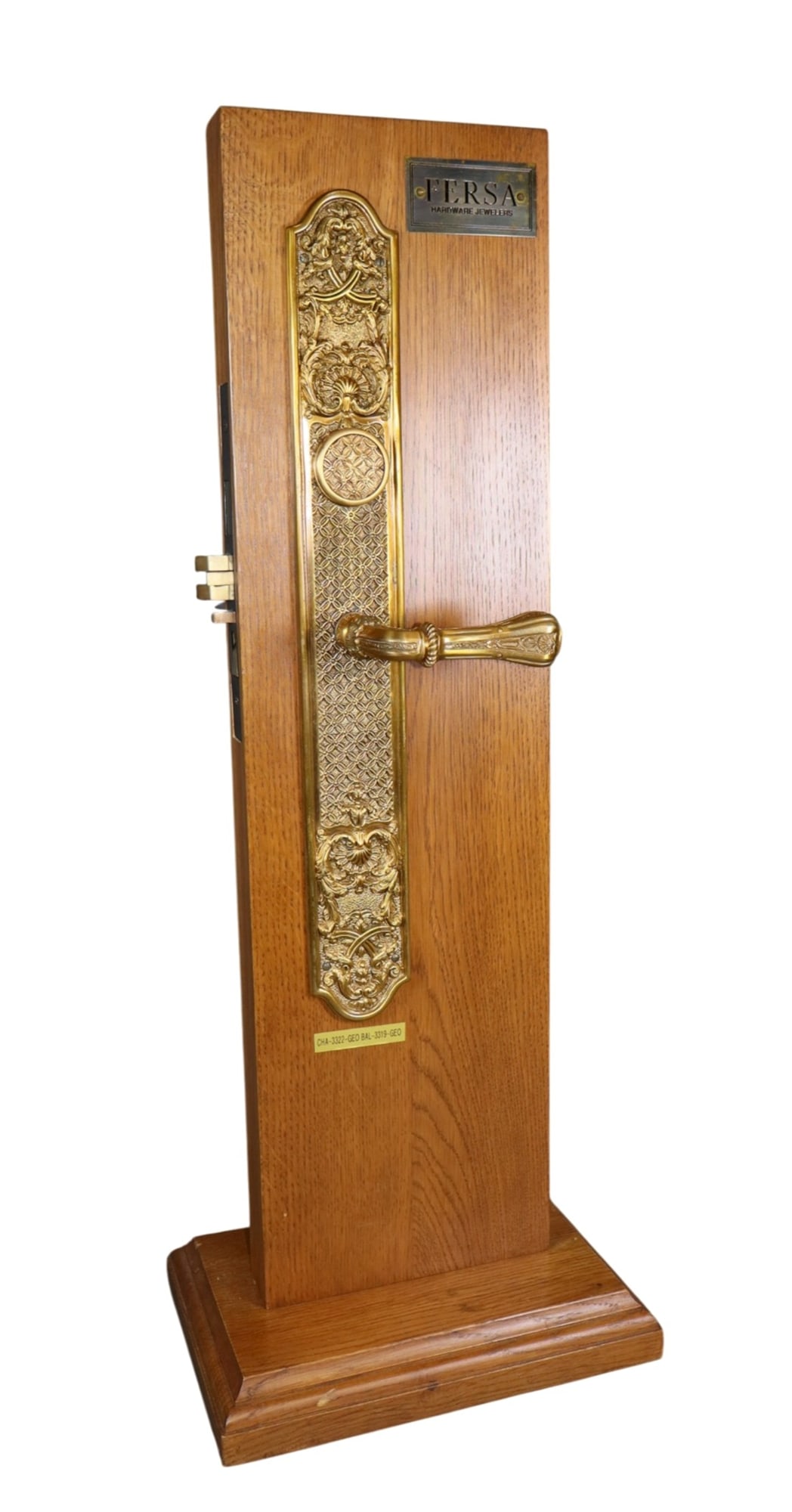 Fersa Hardware 2 sets entry door handles: Fersa Hardware 2 sets of entry door handles. Mounted on double sided display board. 29 1/4"h x 11"w x 7 1/2"d. Weight: 20lbs