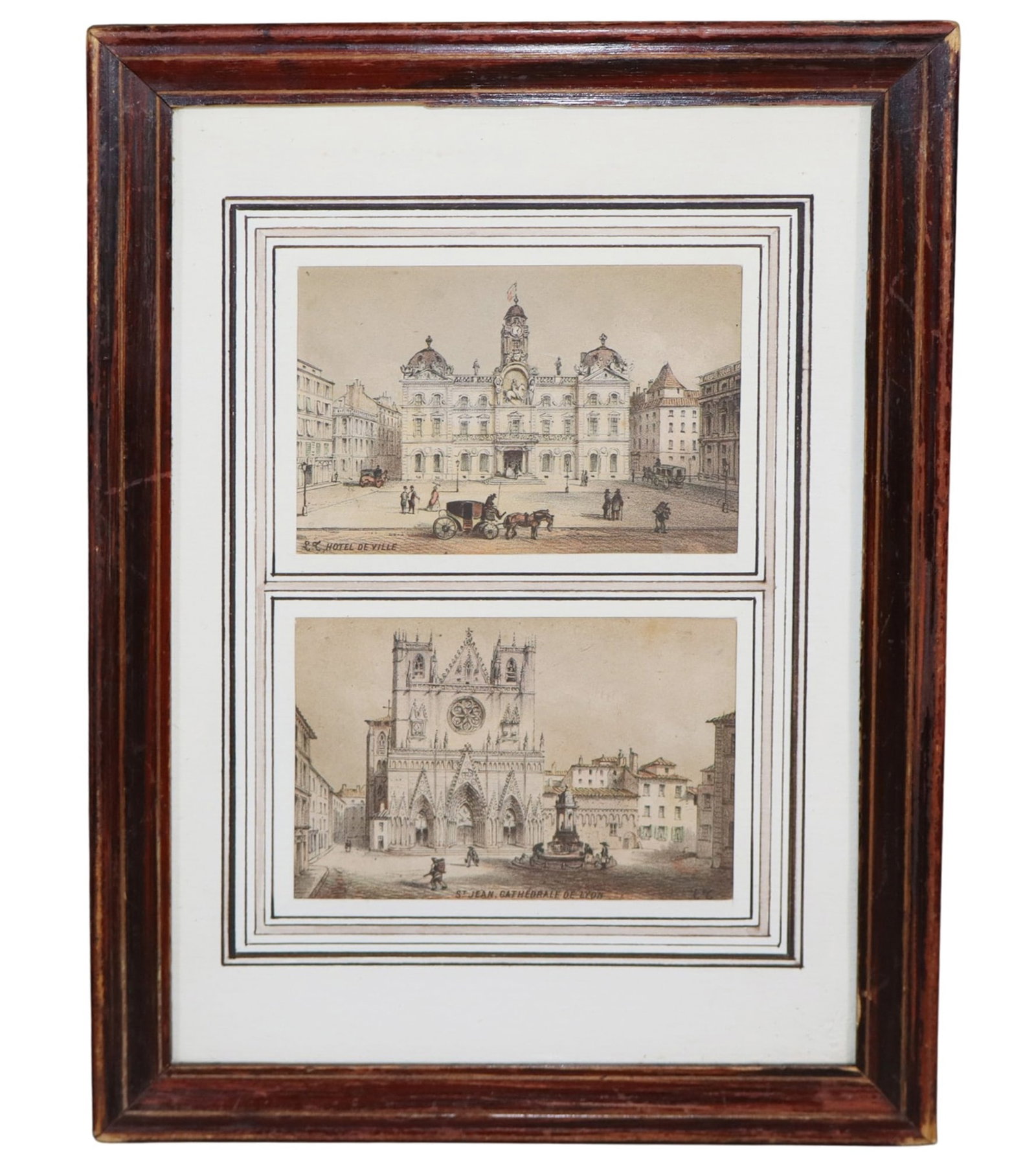 French architectural engravings of Le Hotel de Ville and St. Jean Cathedrale de Lyon: French architectural engravings of Le Hotel de Ville and St. Jean Cathedrale de Lyon framed together. Overall: 12"h x 8 3/4"w Sight: 6 3/4"h x 4 1/2"w Weight: 1lb