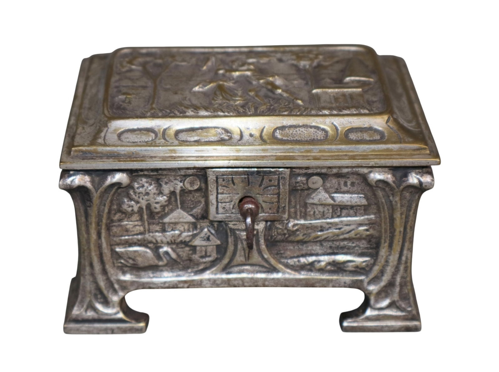 French miniature silver over bronze dresser box: French miniature silver over bronze dresser box. Allegorical scene in relief. Late 19th century. 2 3/4"h x 4 1/2"w x 3 1/8"d Weight:2lbs